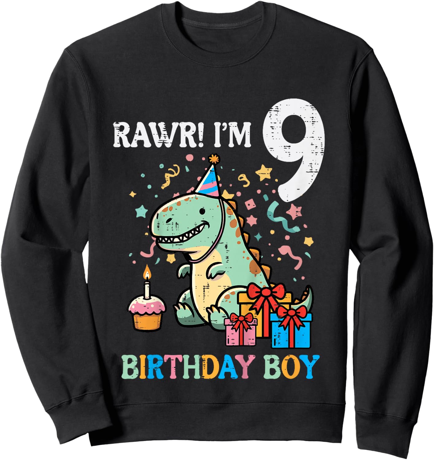 Kids Rawr Im 9 Dinosaur Birthday Boy Cute 9th Bday Trex Boys Kids Sweatshirt - Sweatshirt | Black