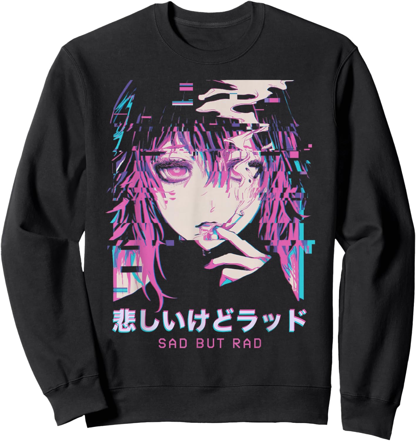 Smoking Anime Femboy Glitch Sad But Rad Vaporwave Hentai , Black, S Sweatshirt - Sweatshirt | Black