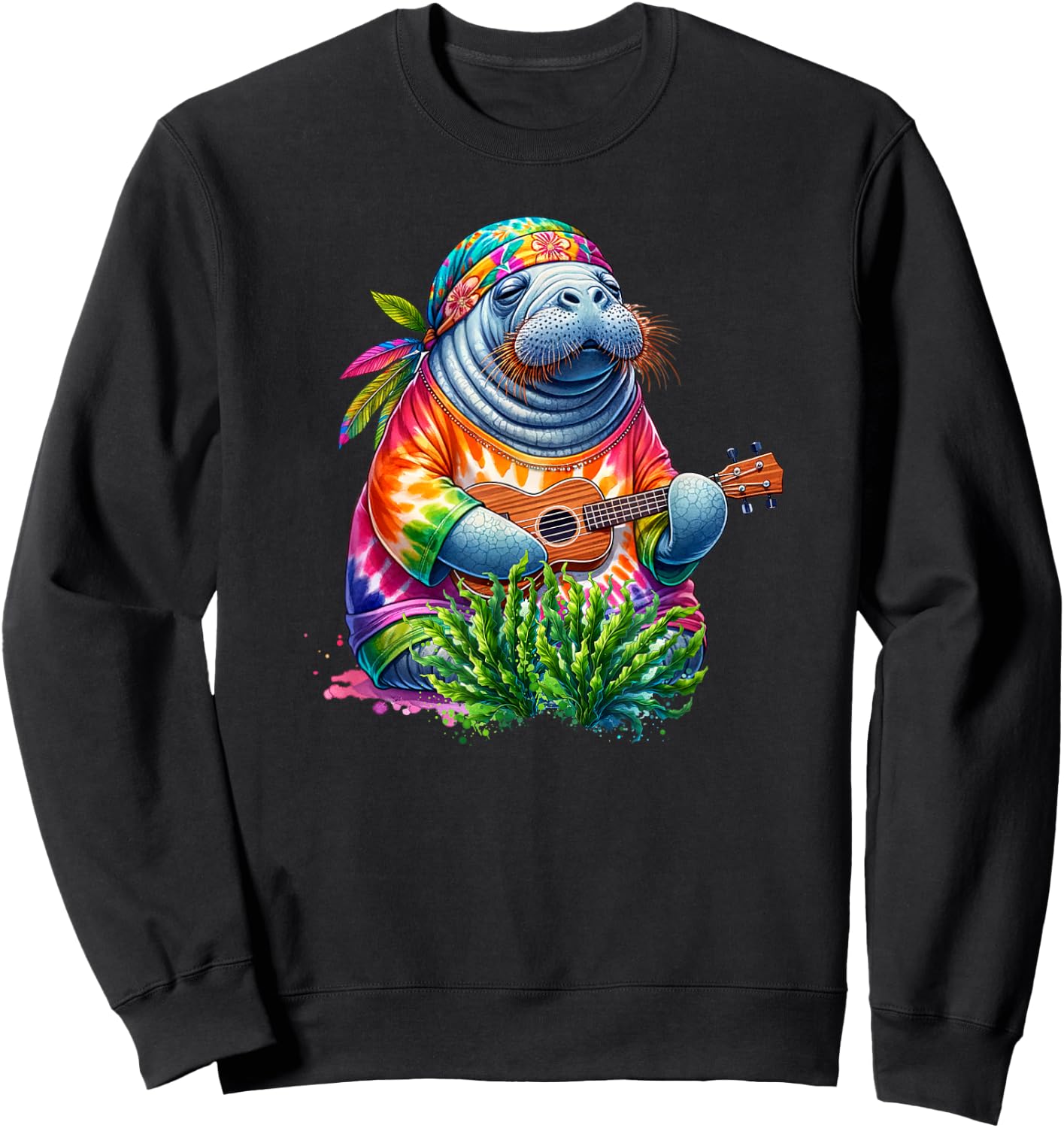 Funny Manatee Wears Hippie Tie Dye Playing Ukulele Uke Life Sweatshirt - Sweatshirt | Black