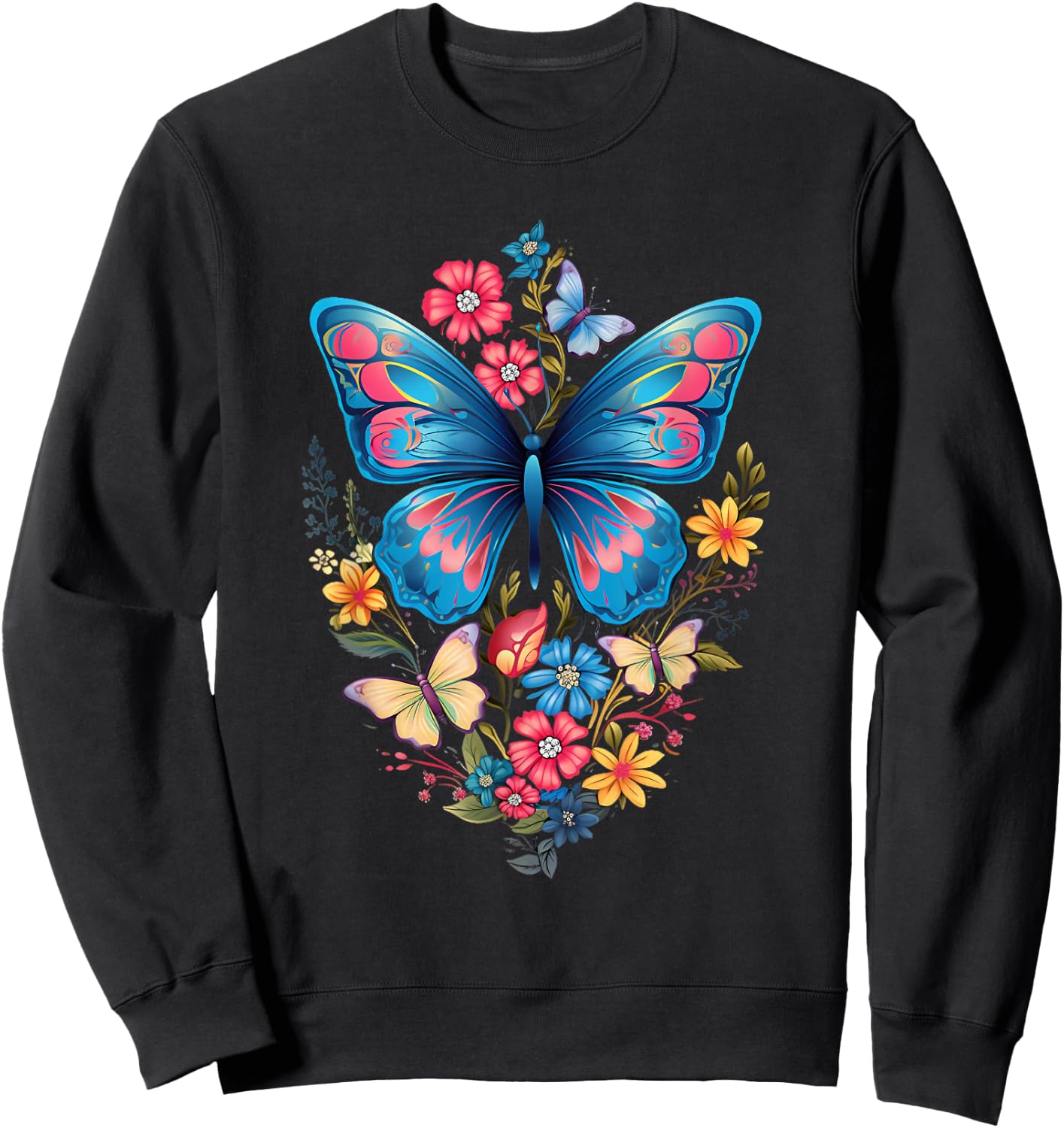 Butterfly with Flowers I Aesthetic Butterfly Sweatshirt - Sweatshirt | Black