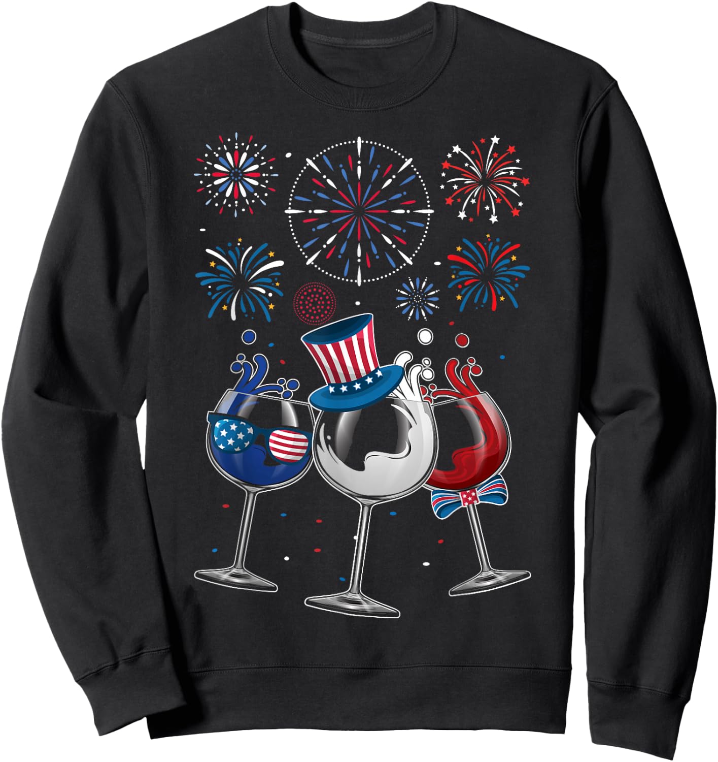 4th of July Red White Blue Wine Glasses Fireworks Patriotic Women Men Sweatshirt - Sweatshirt | Black