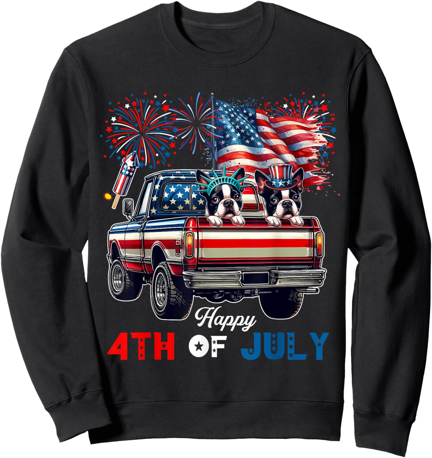 4th Of July Two Cute Boston Terriers On Pickup Truck Flag Sweatshirt - Sweatshirt | Black