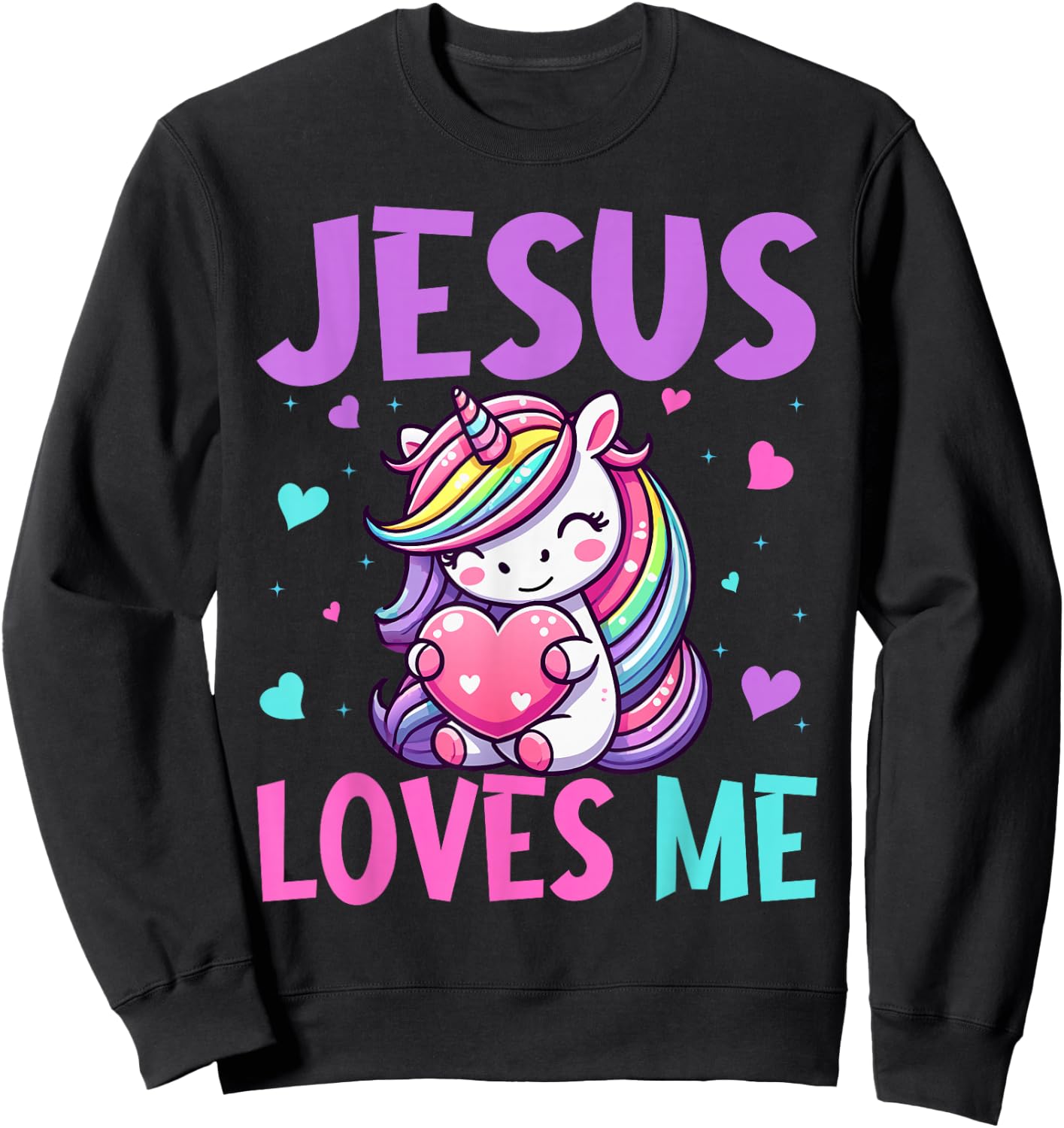 Kids Jesus Loves Me Christian Bible Girls Rainbow Unicorn Sweatshirt - Sweatshirt | Black
