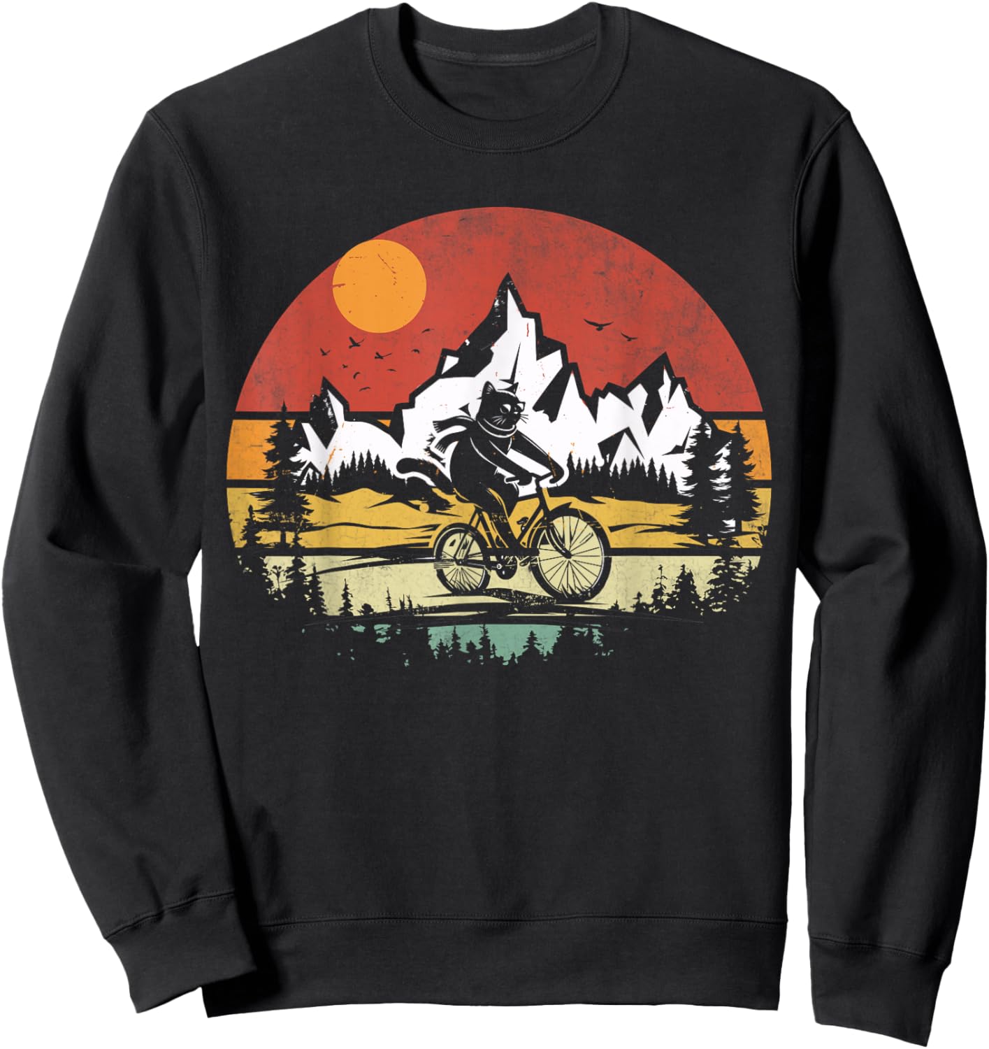 Funny Cat Riding Bicycle Vintage Mountain Biking Cat Biker Sweatshirt - Sweatshirt | Black