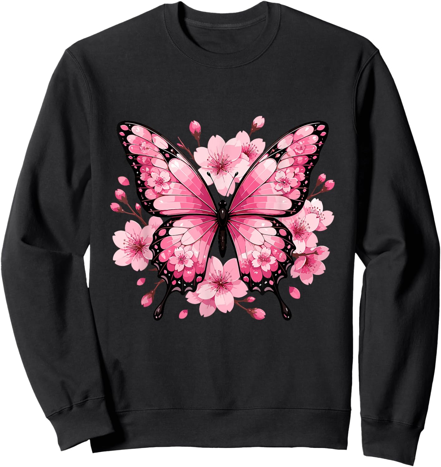 Pink Butterfly with Sakura Cherry Blossom Floral Sweatshirt - Sweatshirt | Black