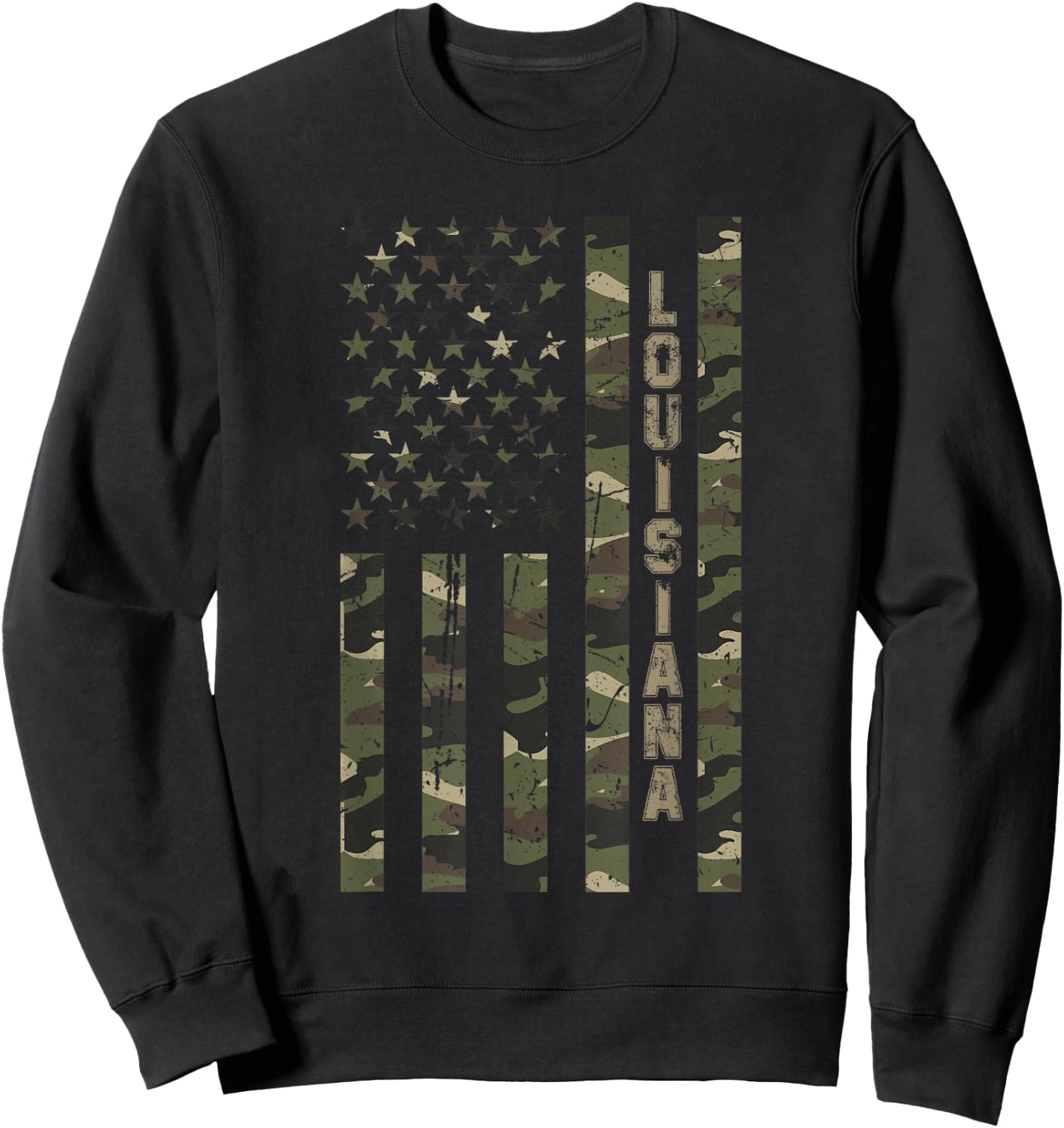 Louisiana United States Distressed Camo w US Flag Sweatshirt - Sweatshirt | Black