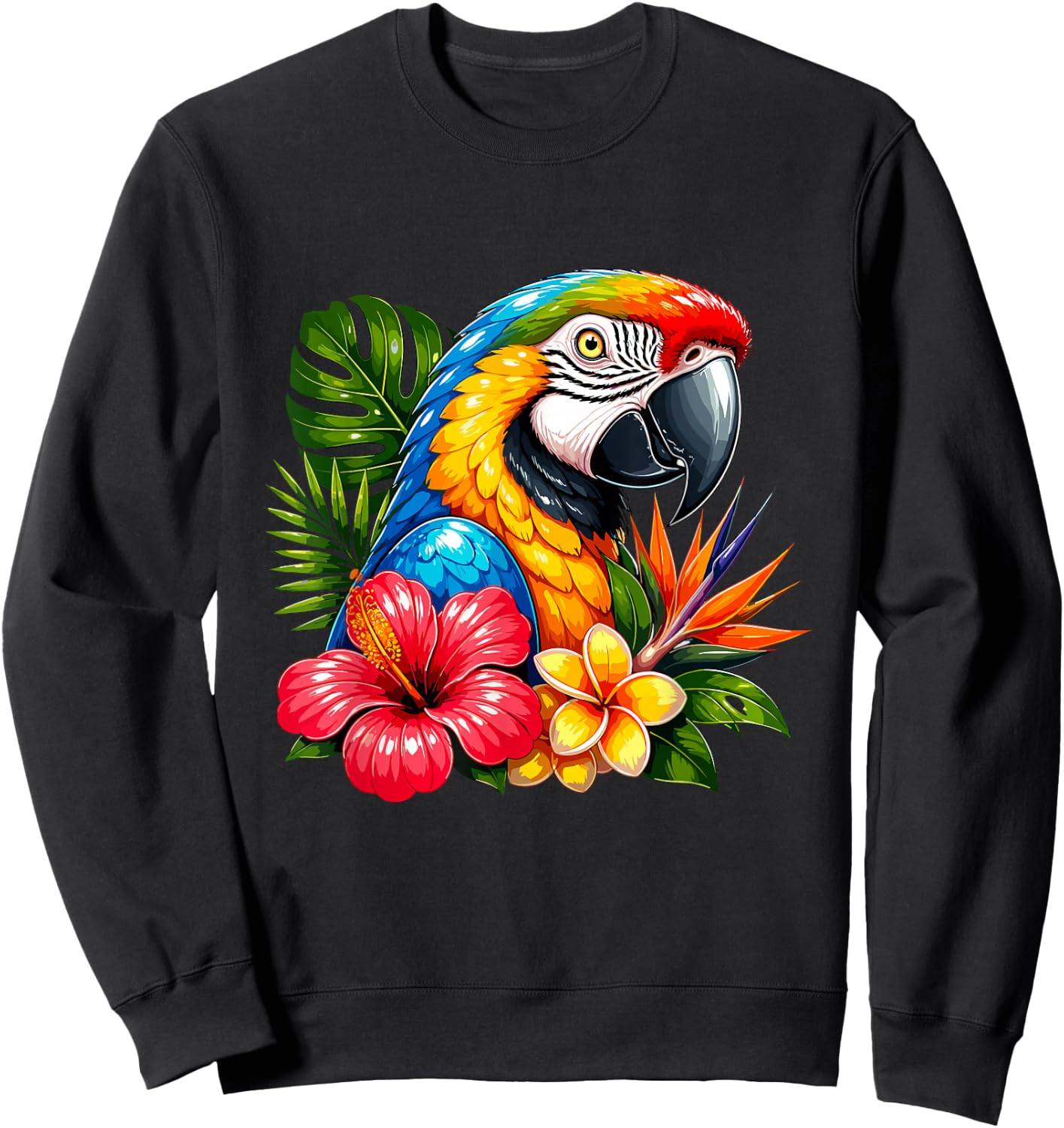 Colorful Parrot Tropical Flowers Summer Vibes Sweatshirt - Sweatshirt | Black
