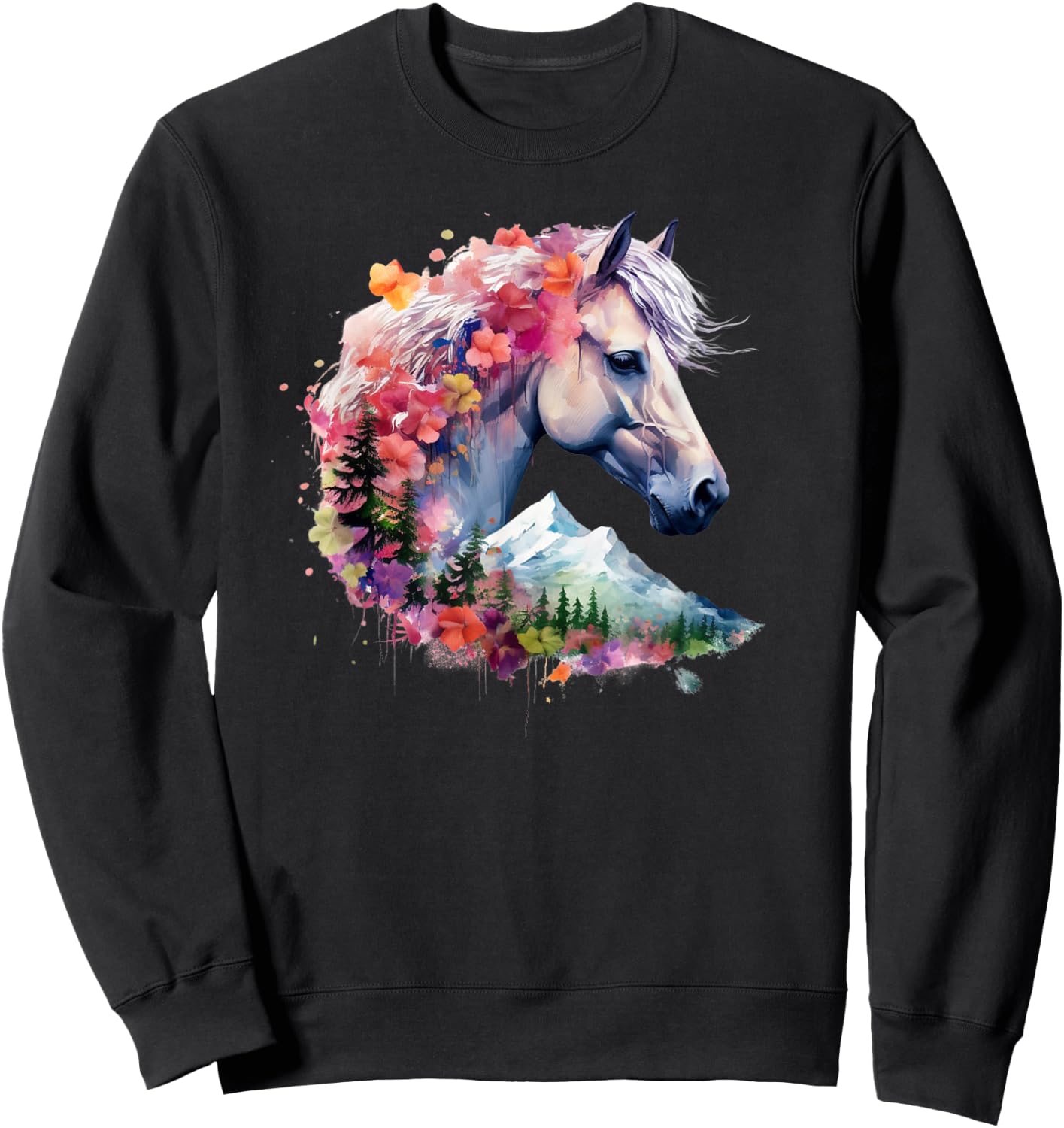 Horse Mane Flower Crown Watercolor Floral Wild Horse Sweatshirt - Sweatshirt | Black