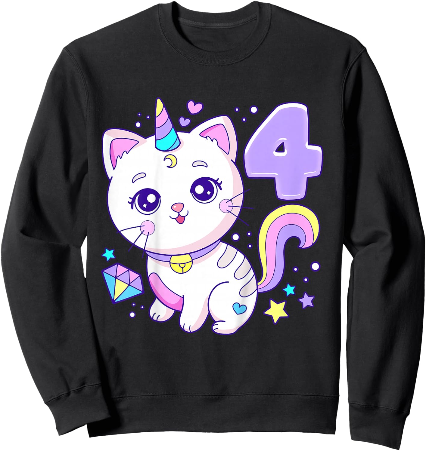 Birthday girl 4 years old, cat, unicorn, 4th birthday Sweatshirt - Sweatshirt | Black