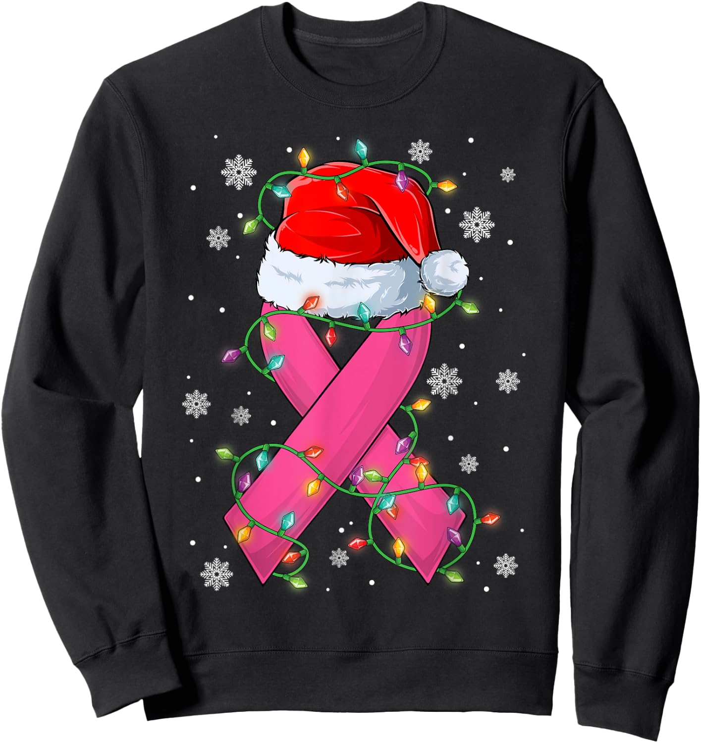 Pink Ribbon Santa Hat Christmas Tree Lights Breast Cancer Sweatshirt - Sweatshirt | Black