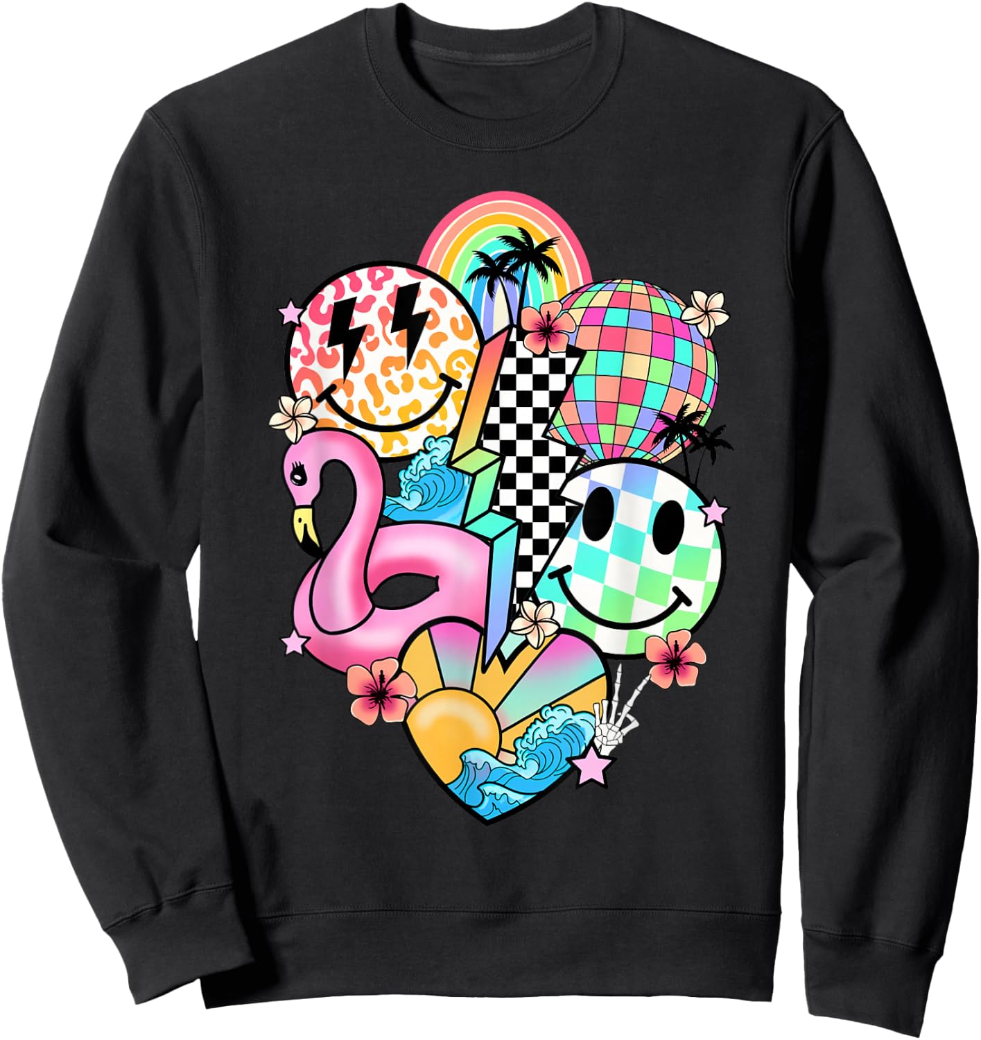 Retro Groovy Summer Vibes Smile Face Hello Summer Vacation Sweatshirt - Sweatshirt | Black