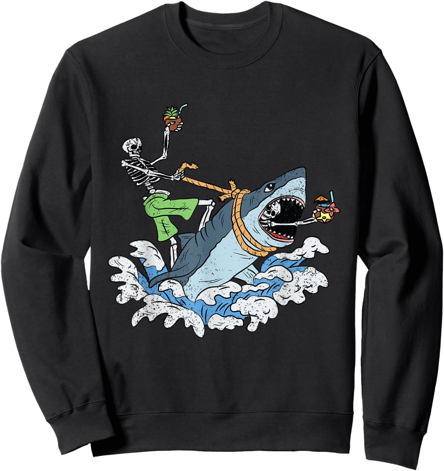 Skeleton Riding Shark Halloween Costume Bones Sea Animal Sweatshirt - Sweatshirt | Black