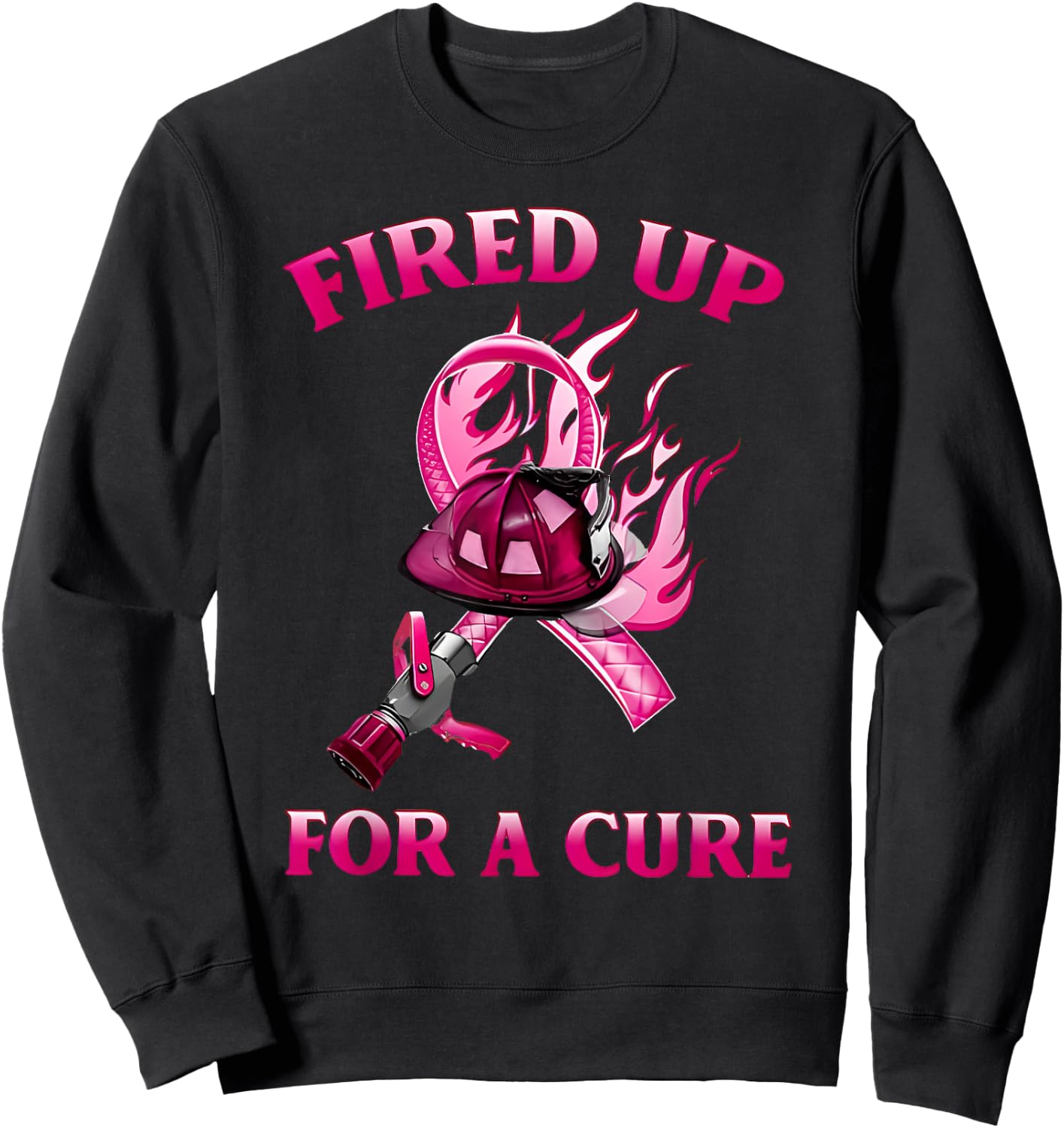 Breast Cancer Fired Up for a Cure Cute Pink Ribbon Fireman Sweatshirt - Sweatshirt | Black