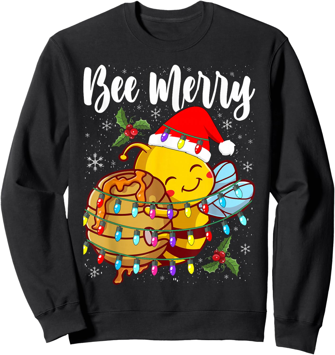 Bee Wears Santa Hat Xmas Lights Sweatshirt - Sweatshirt | Black