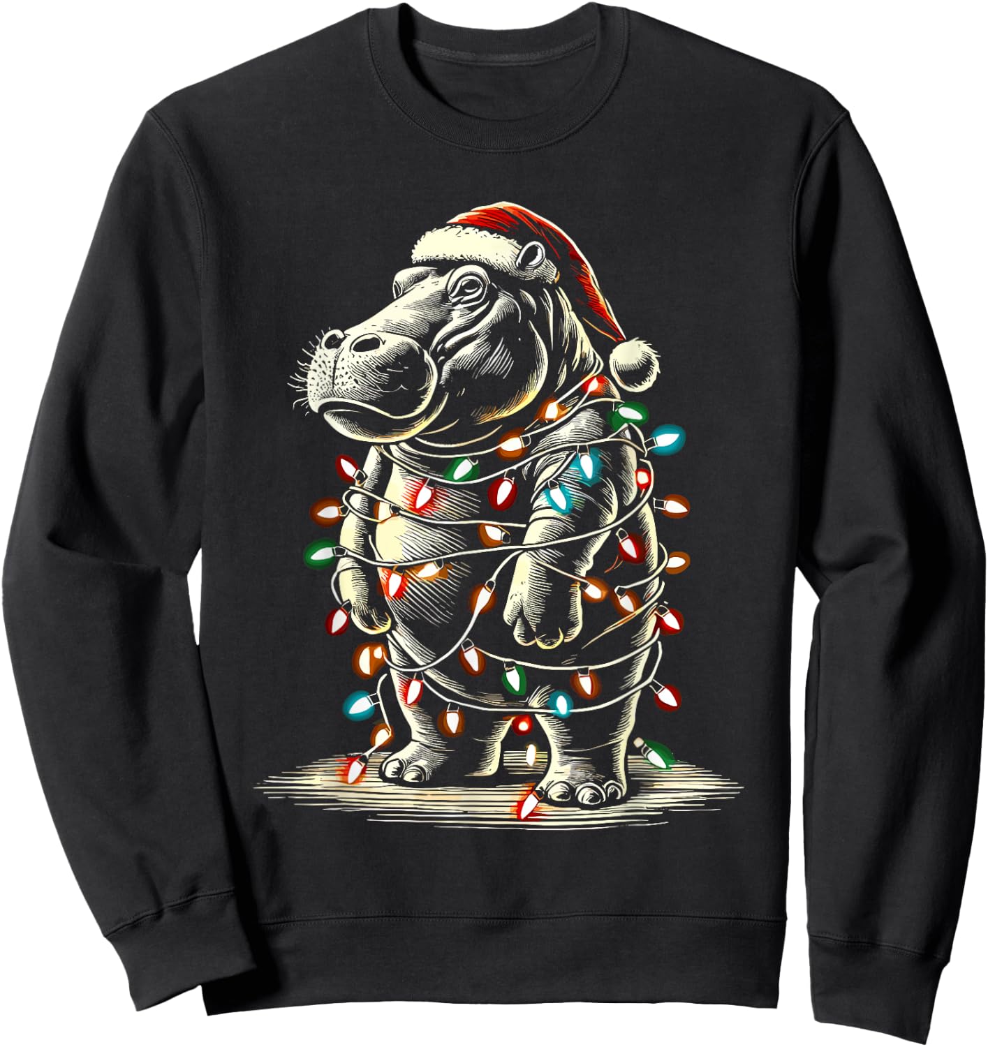 Hippopotamus Christmas Santa Hat Pajama Funny Hippo Xmas Sweatshirt - Sweatshirt | Black