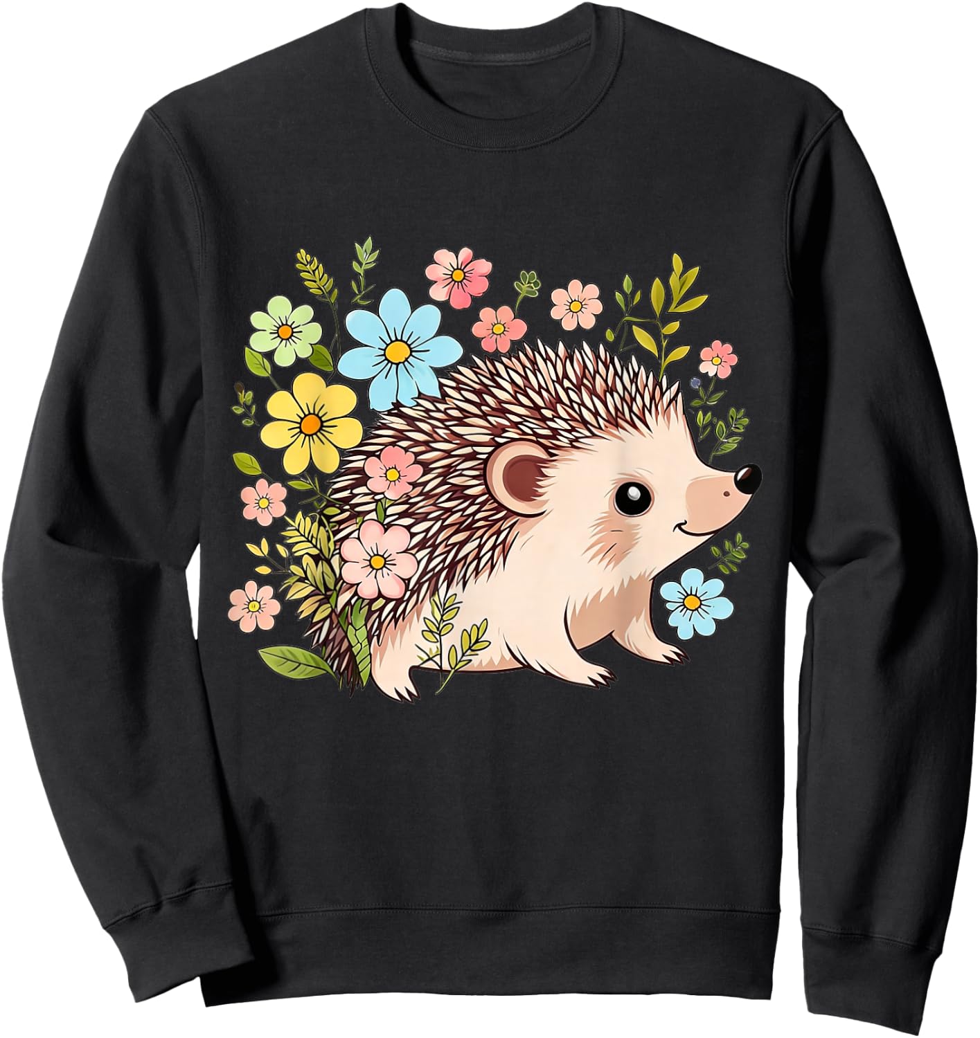 Cute Hedgehog with Flower Funny Animal Lovers Girls Women Sweatshirt - Sweatshirt | Black