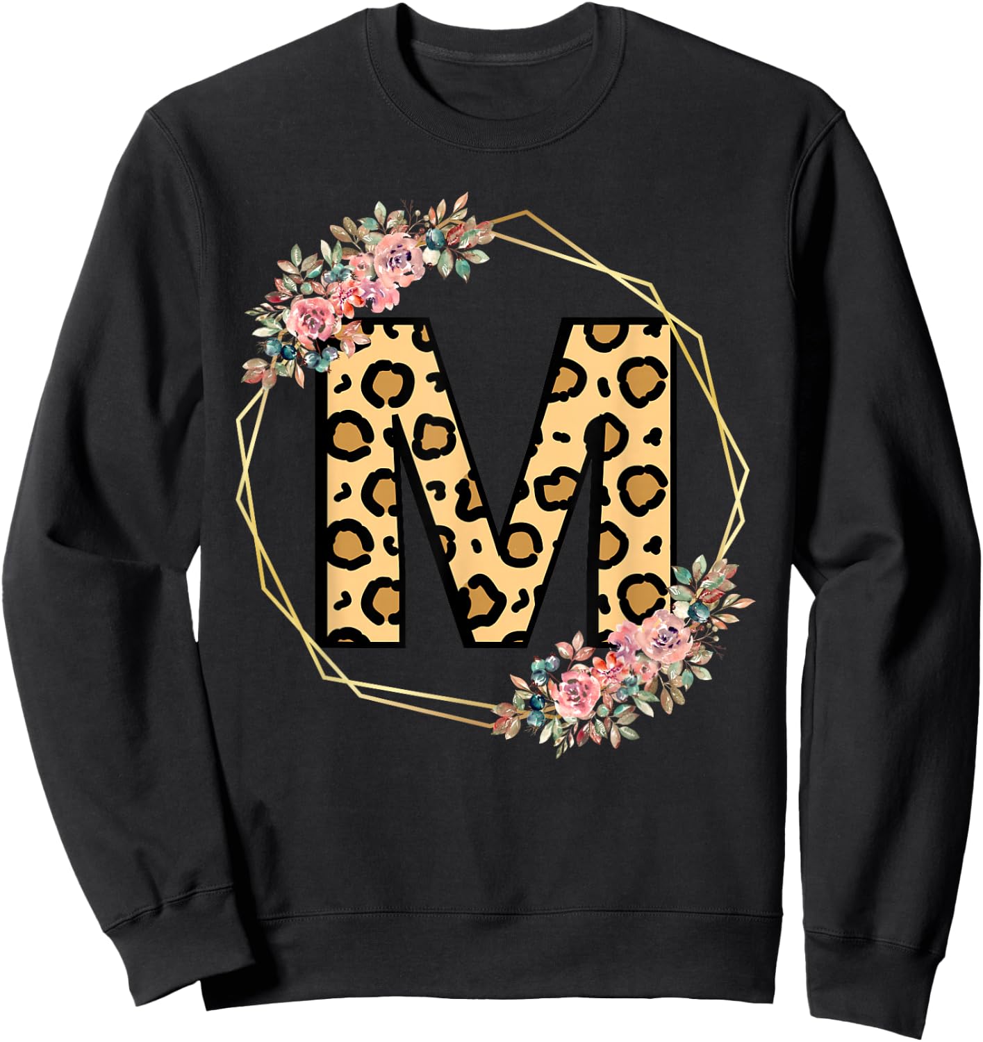 Leopard Letter M Initial Flower Monogram Girls Sweatshirt - Sweatshirt | Black