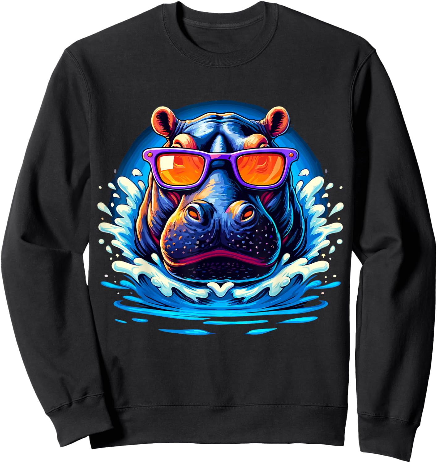 Hippo with Sunglasses Hippopotamus Sweatshirt - Sweatshirt | Black