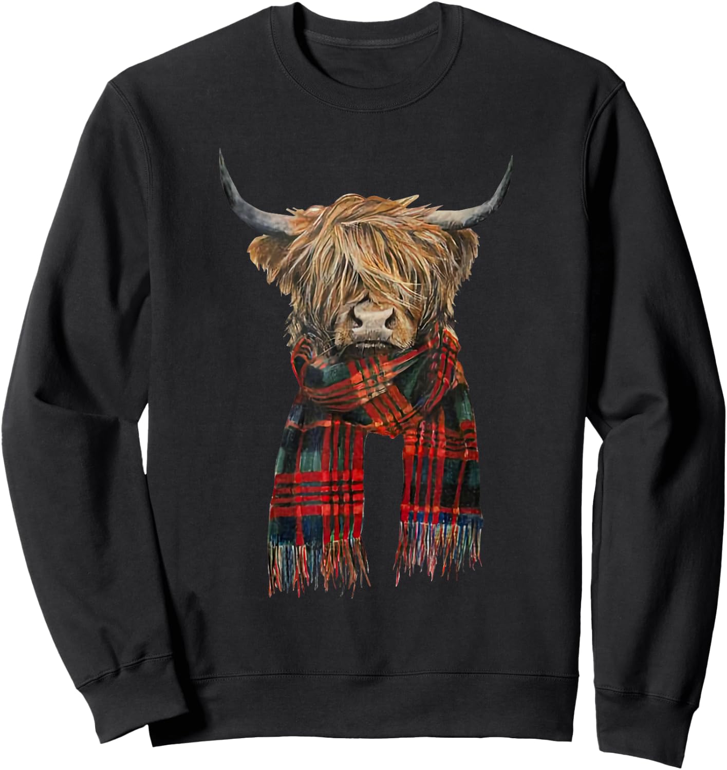 Cute Highland Cow Wearing Buffalo Plaid Scarf Farming Farmer Sweatshirt - Sweatshirt | Black