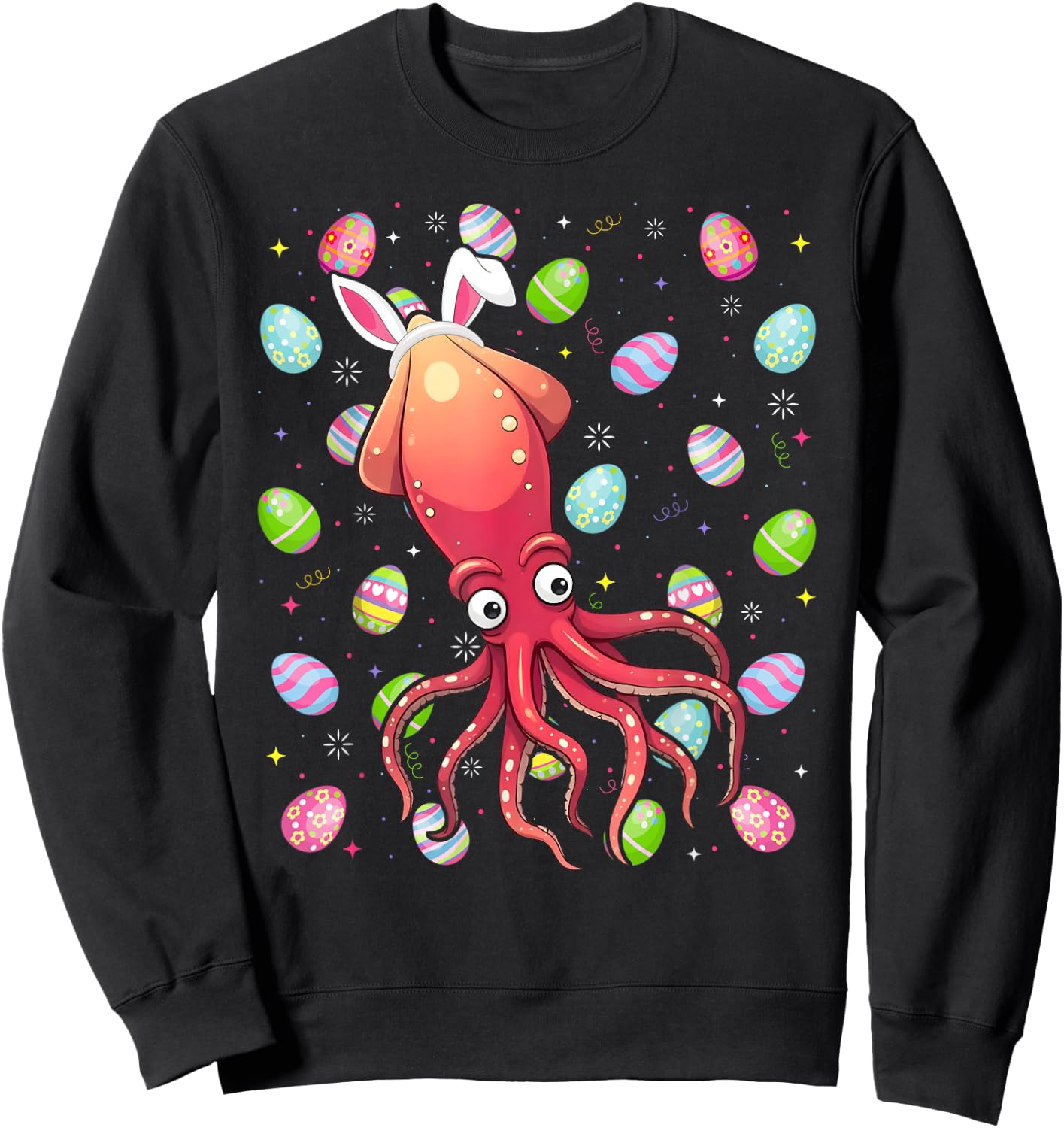 Squid Happy Easter Egg Hunt Bunny Ear Squid Easter Sweatshirt - Sweatshirt | Black