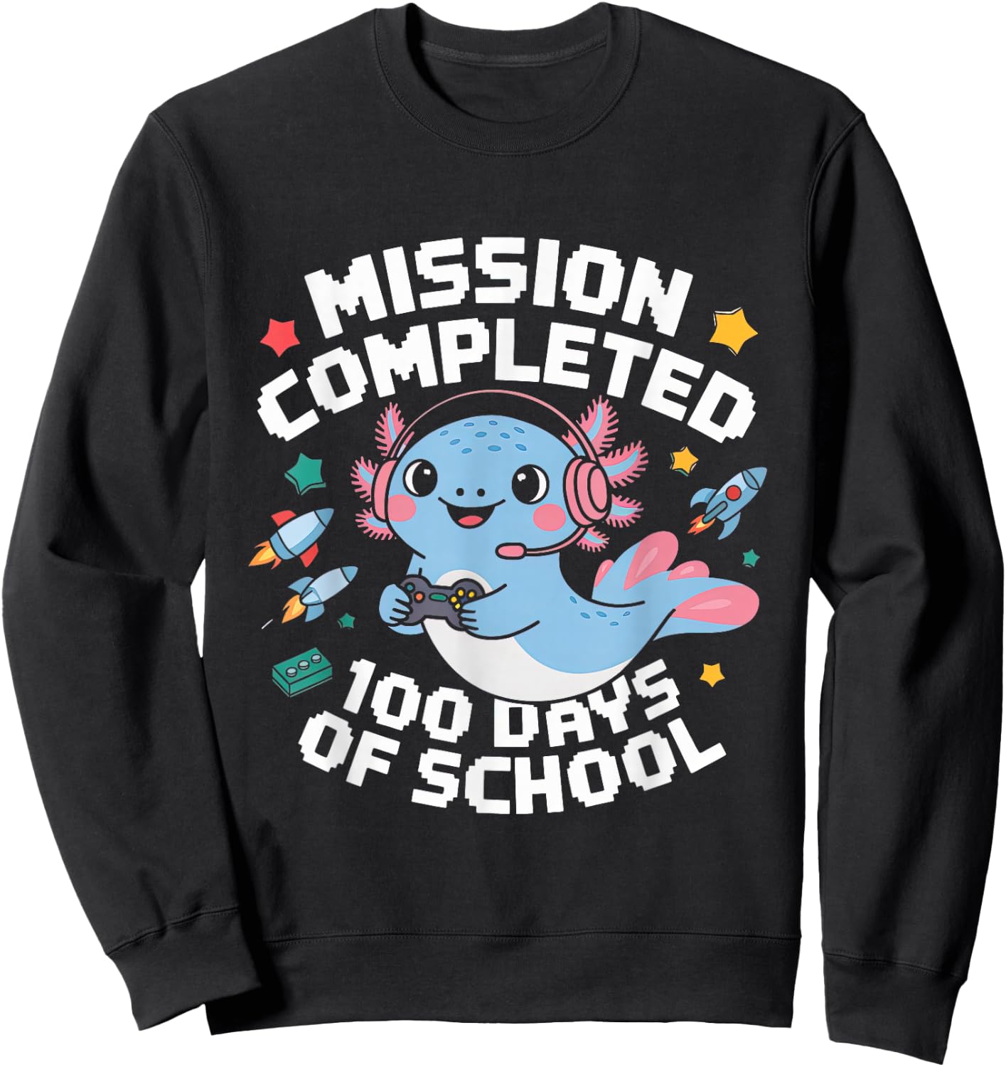 100 Days Of School Boys 100th Day Of School Gamer Axolotl Sweatshirt - Sweatshirt | Black