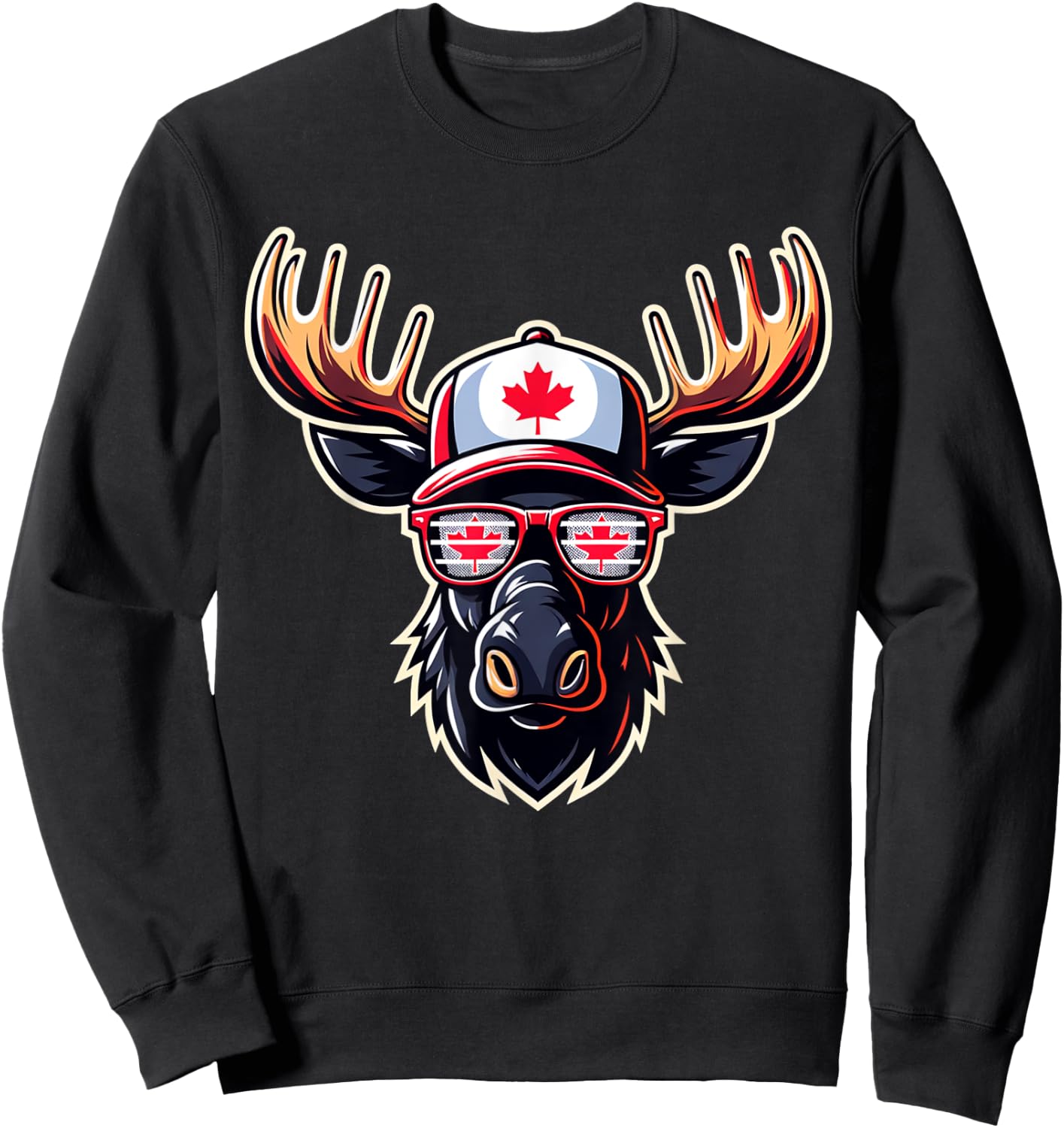 Funny Canada Flag Moose Sunglasses Canadian Flag Maple Leaf Sweatshirt - Sweatshirt | Black