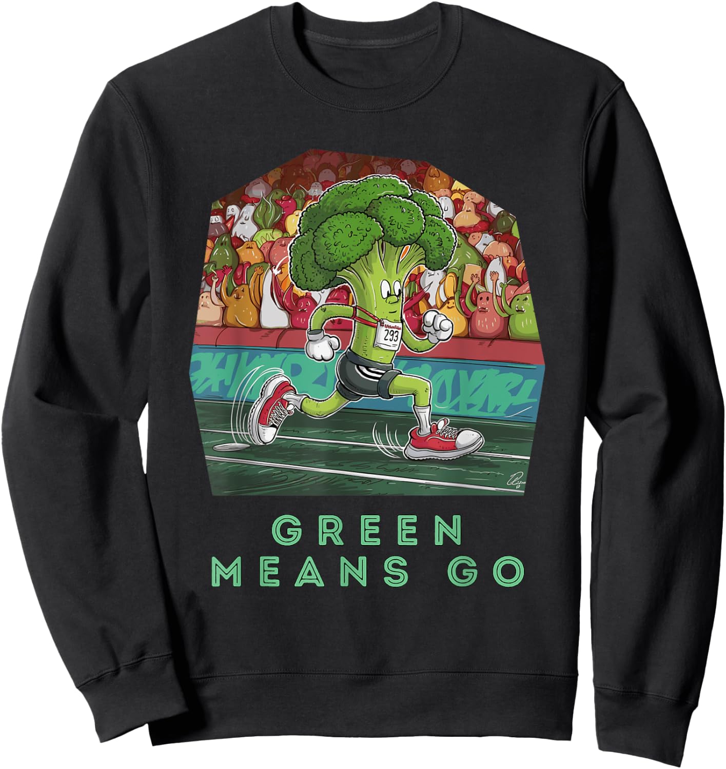 Funny Broccoli Running Cartoon Athletic Sweatshirt - Sweatshirt | Black