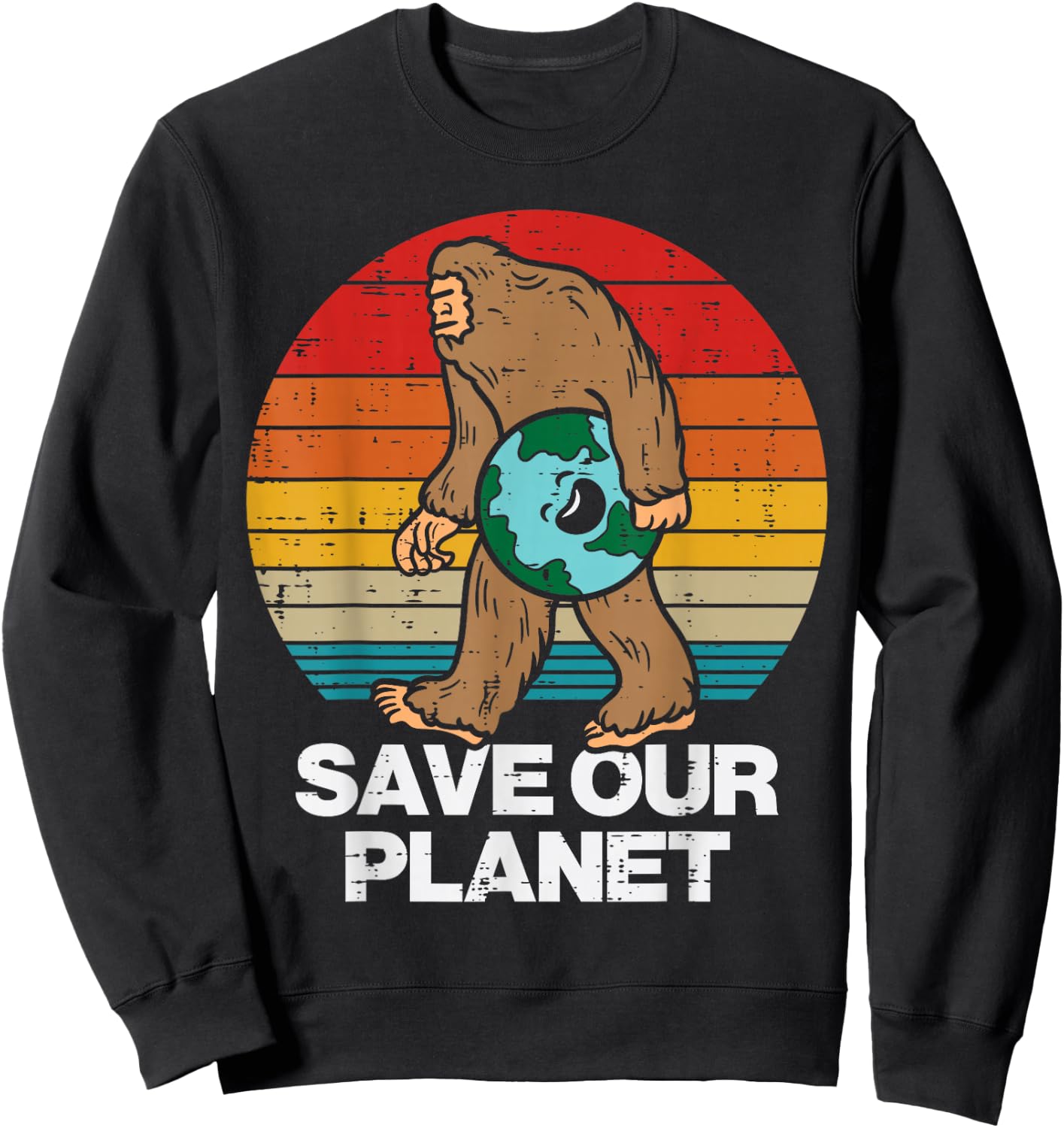 Save Our Planet Bigfoot Sunset Retro Earth Day Sasquatch Sweatshirt - Sweatshirt | Black