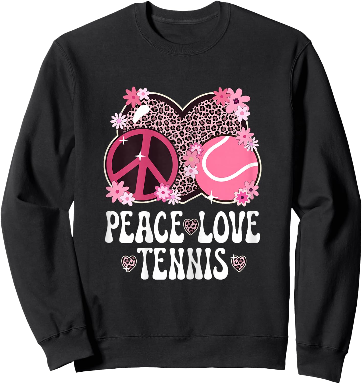Peace Love Tennis Lover Leopard Print Women Girl Cute Tennis Sweatshirt - Sweatshirt | Black