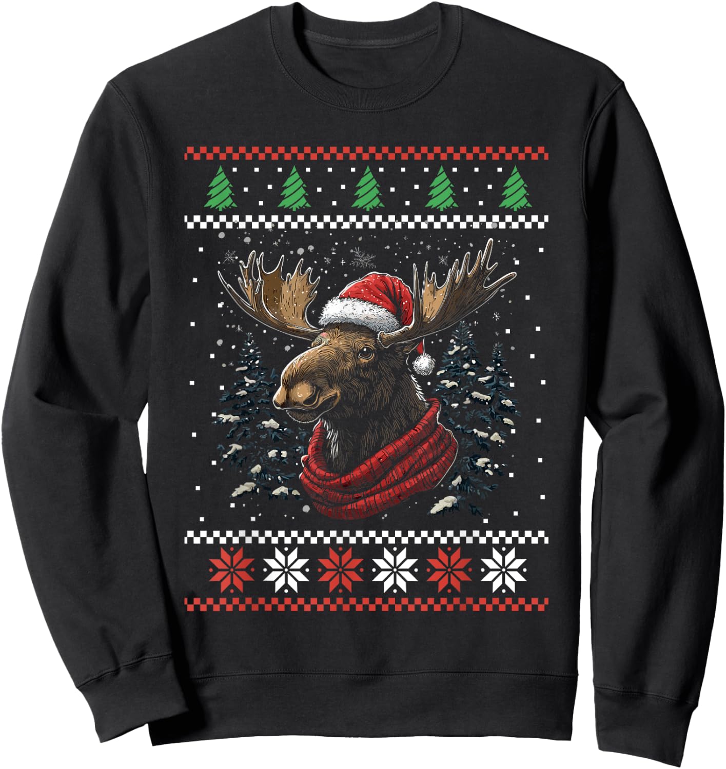 Moose Santa Hat Ugly Christmas Sweater Xmas Sweatshirt - Sweatshirt | Black