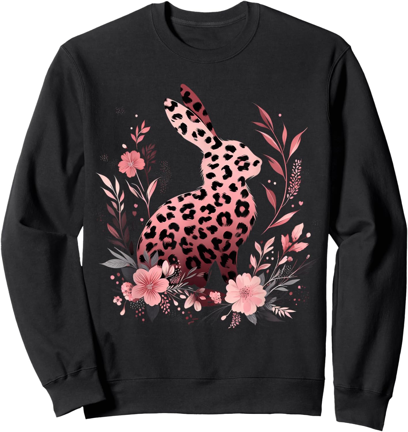 Leopard Rabbit Easter Day Floral Bunny Women Girls Kids Sweatshirt - Sweatshirt | Black