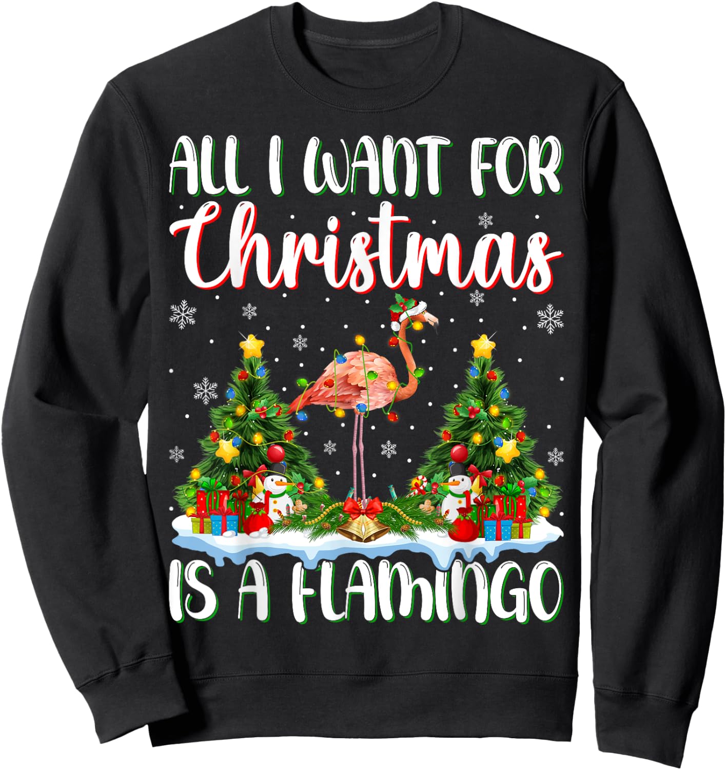 I Want For Christmas Is A Flamingo Bird Xmas Tree Lights Sweatshirt - Sweatshirt | Black
