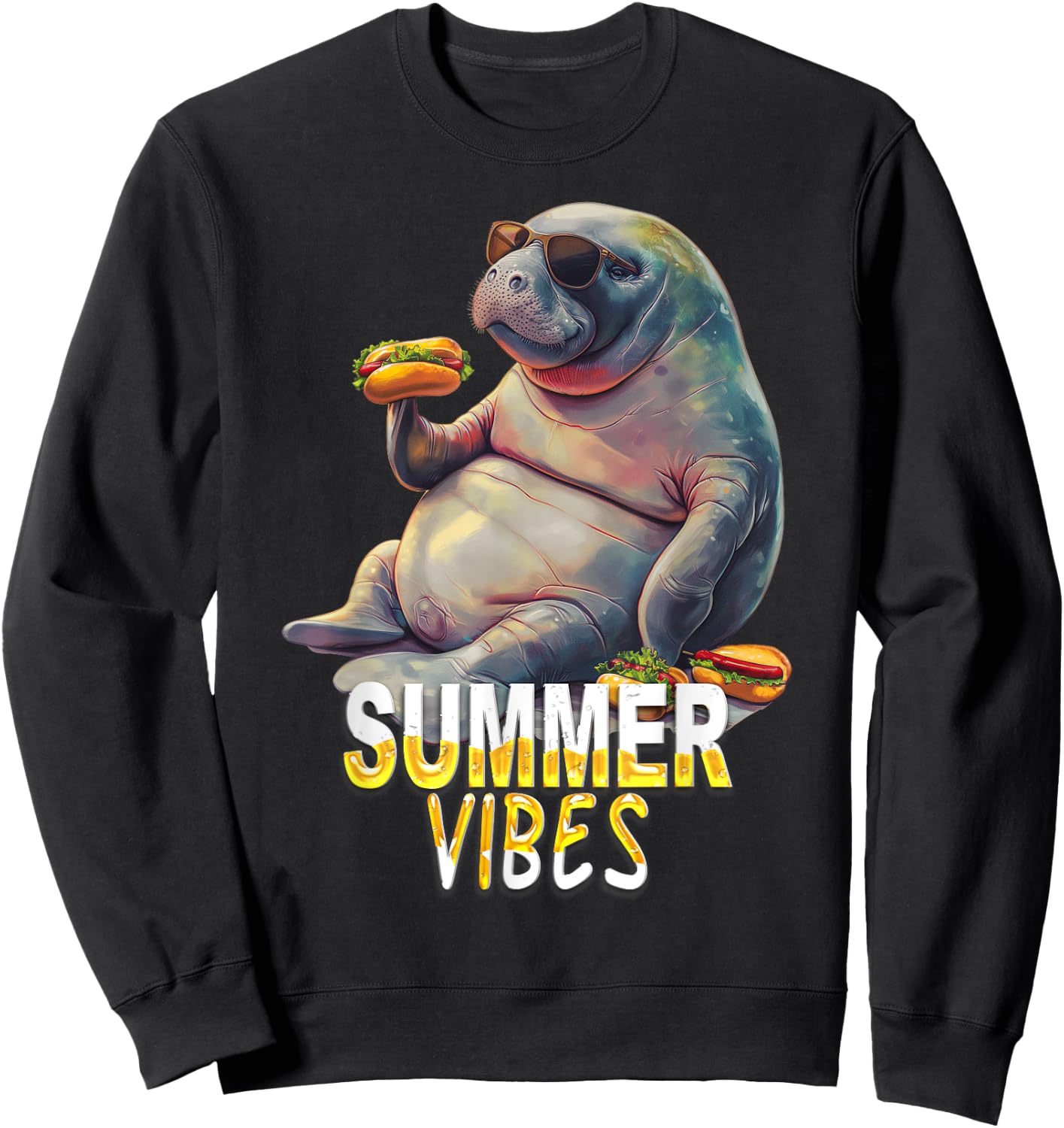 Manatee Eating Hot Dogs - Summer Funny Design Sweatshirt - Sweatshirt | Black