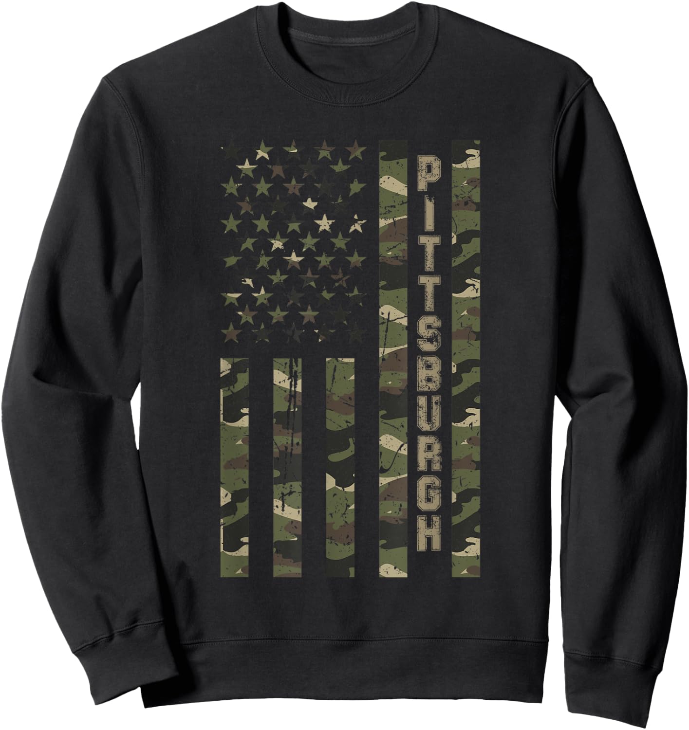 Pittsburgh United States Distressed Camo w US Flag Sweatshirt - Sweatshirt | Black