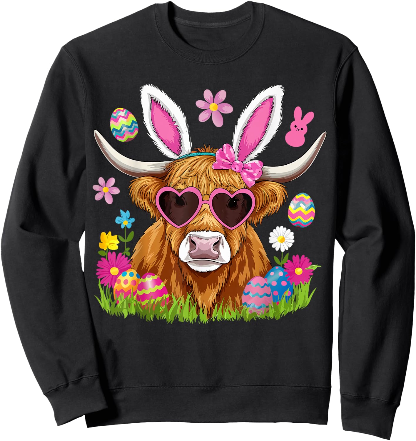 Easter Day Highland Cow Cute Easter Bunny Farmer Women Kids Sweatshirt - Sweatshirt | Black