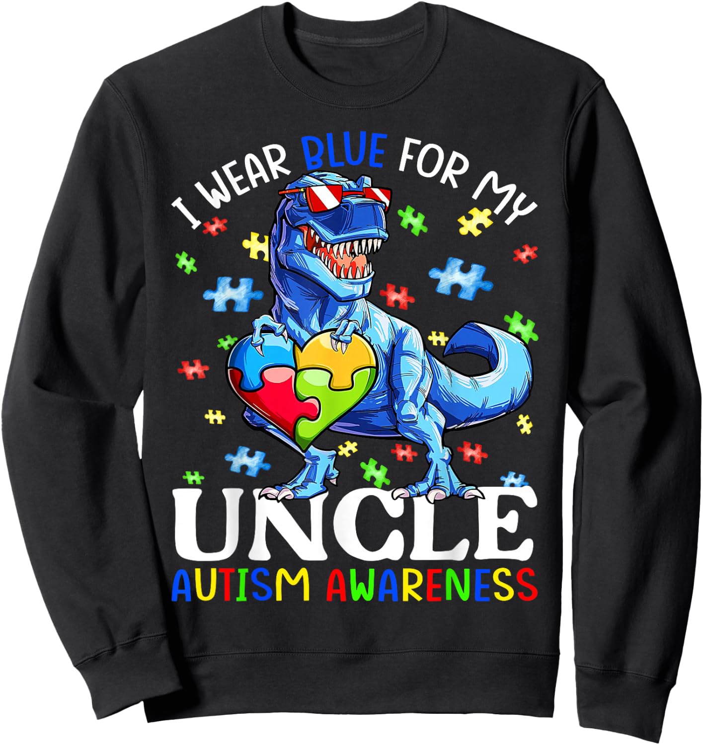I Wear Blue For My Uncle Autism Awareness Dinosaur Boys Sweatshirt - Sweatshirt | Black