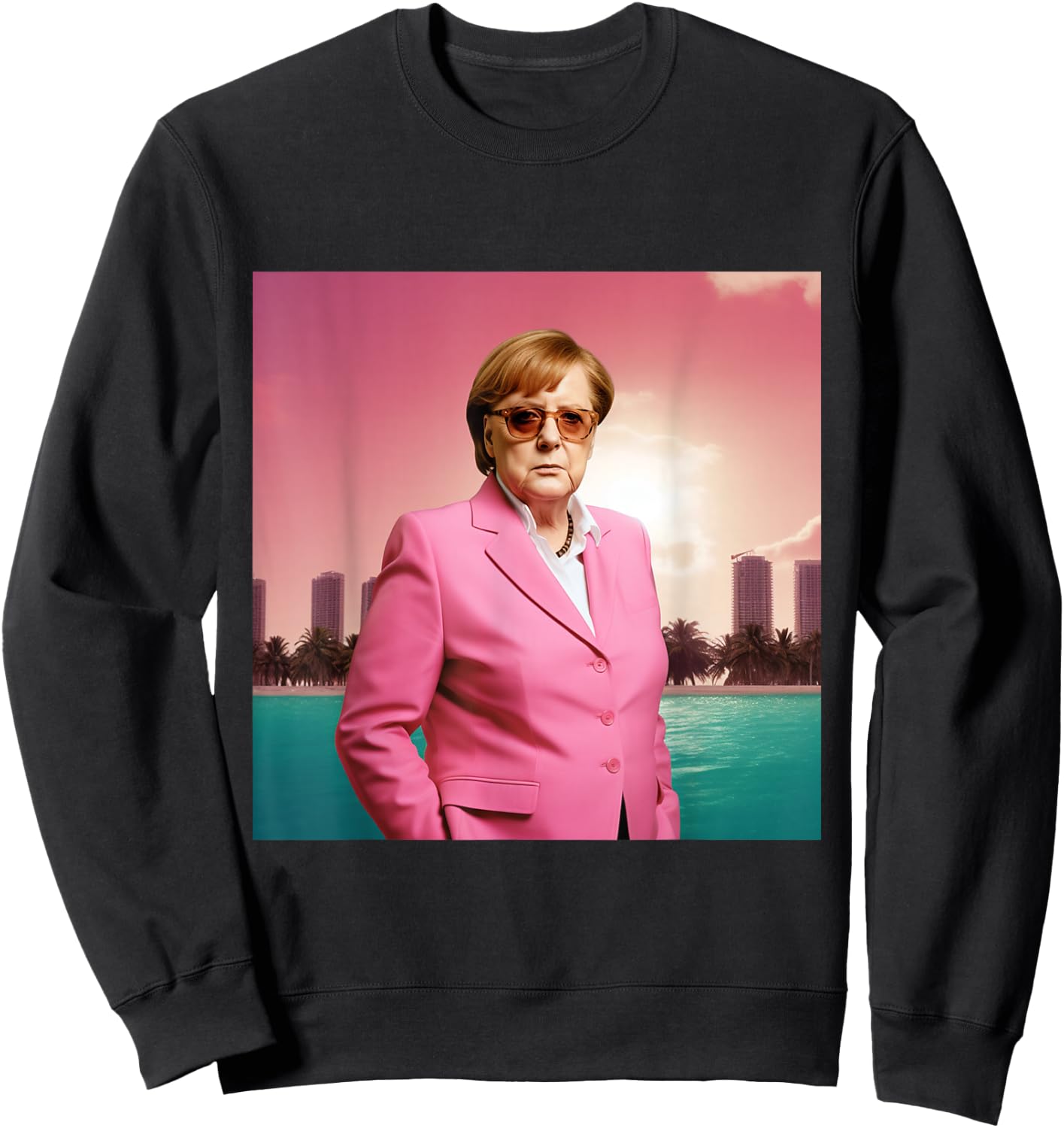 Angela Merkel Wearing Pink Suit in Miami, Digital Art , black Sweatshirt - Sweatshirt | Black