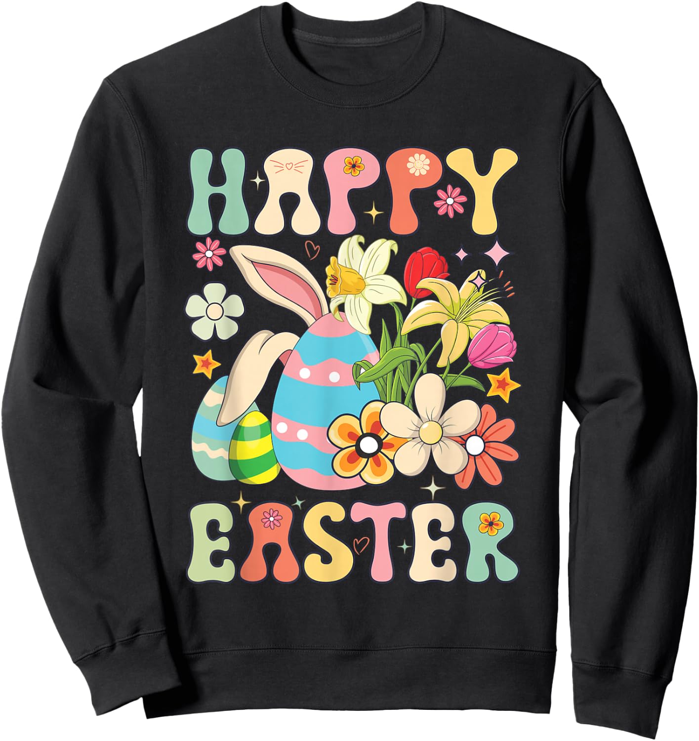 Happy Easter Bunny Rabbit Eggs Groovy Matching Easter Day Sweatshirt - Sweatshirt | Black