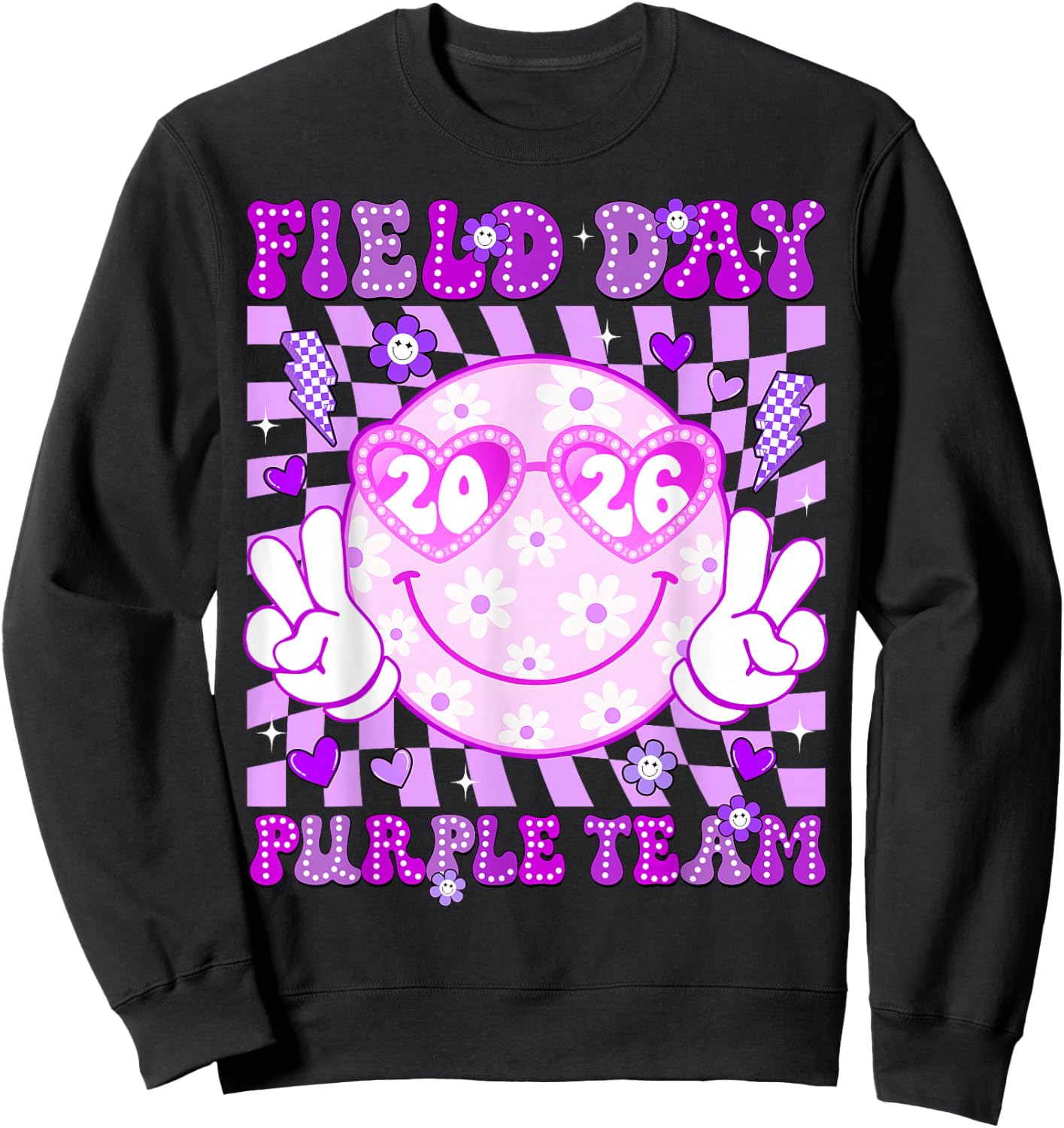 Field Day Purple Team 2026 Smile Face Sunglasses Kid Teacher Sweatshirt - Sweatshirt | Black