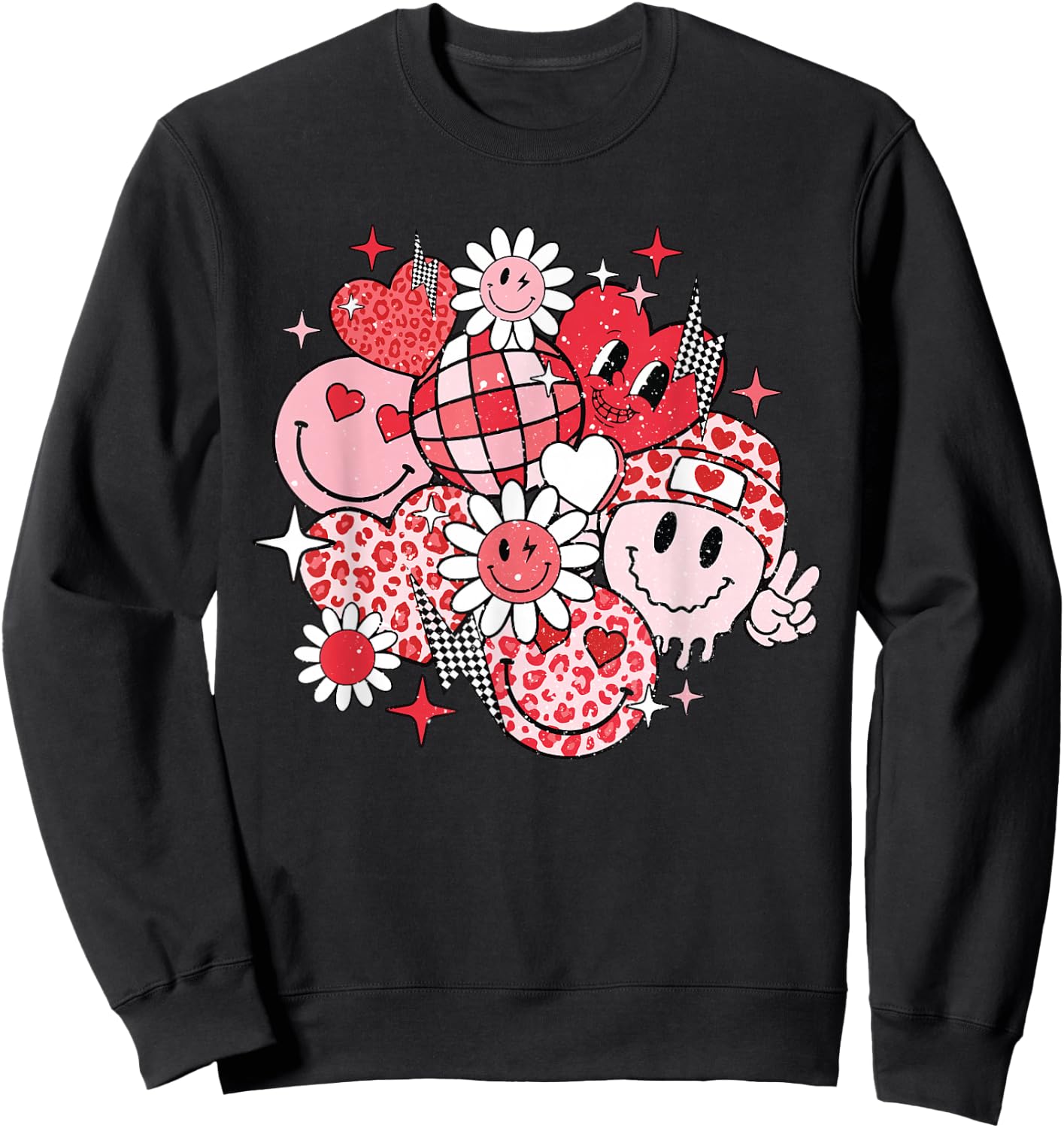 Smile Face Valentines Day Vibes Leopard Flower Groovy Retro Sweatshirt - Sweatshirt | Black