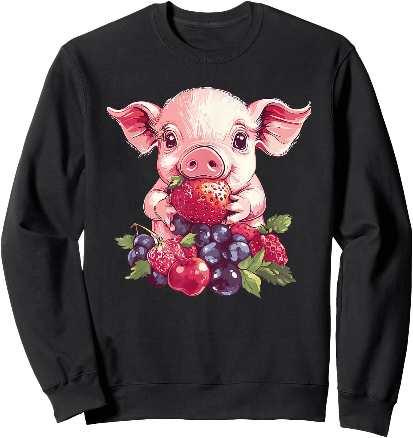 Adorable Pig With Strawberries And Berries Sweatshirt - Sweatshirt | Black