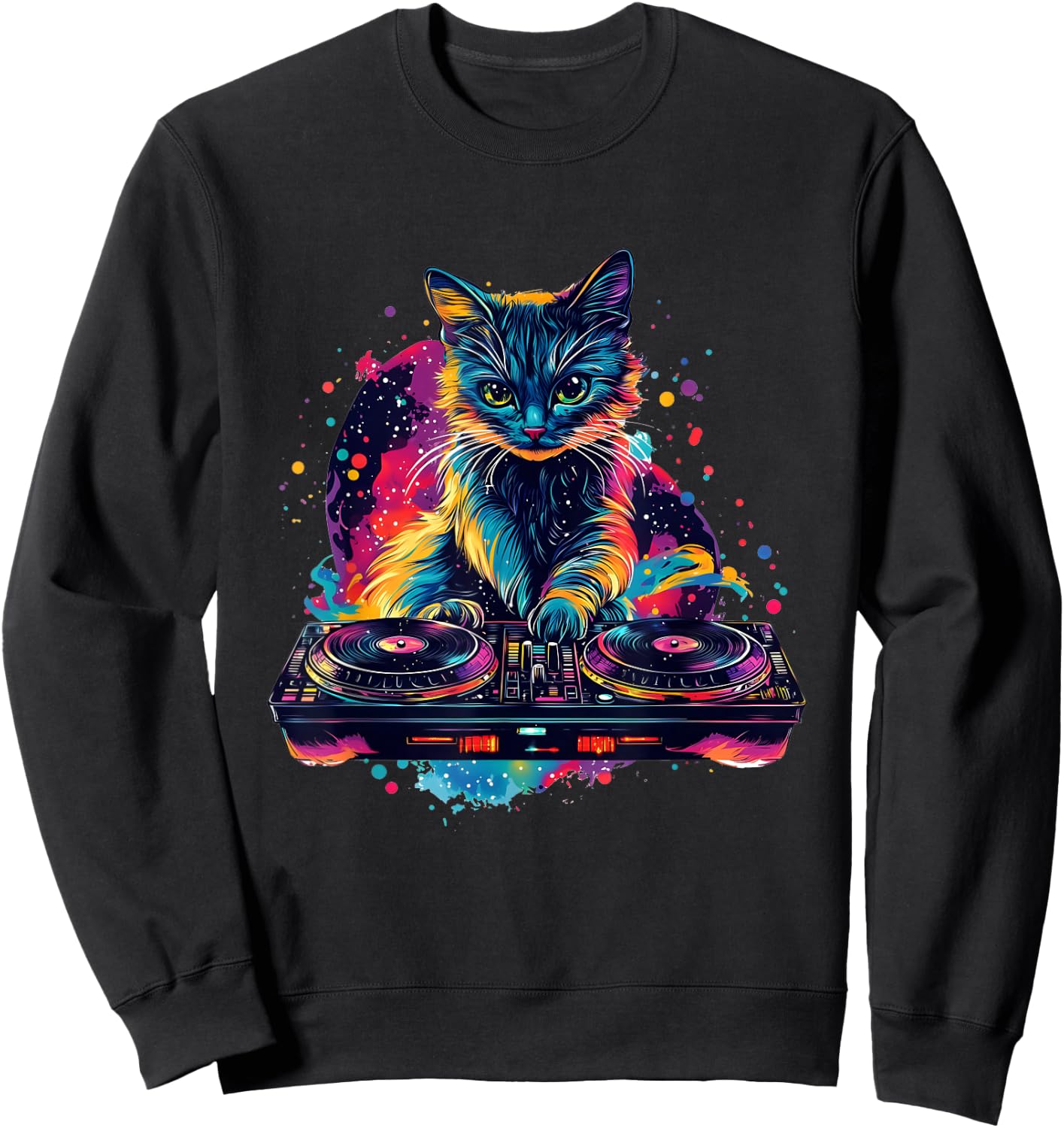 Cool DJ Cat Techno Rave House Party Disco , Black, S Sweatshirt - Sweatshirt | Black