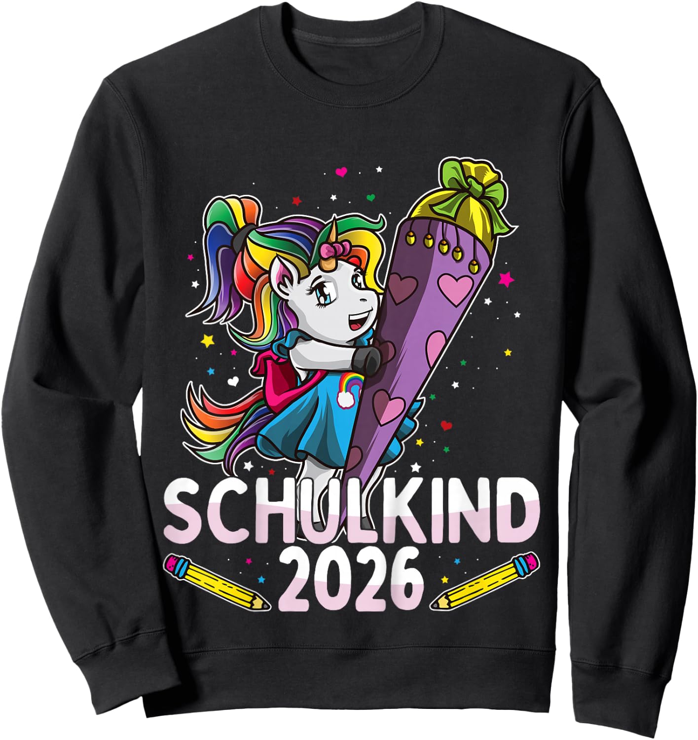 Einschulung Schulkind 2026 Einhorn Schultüte Lila Mädchen Sweatshirt - Sweatshirt | Black