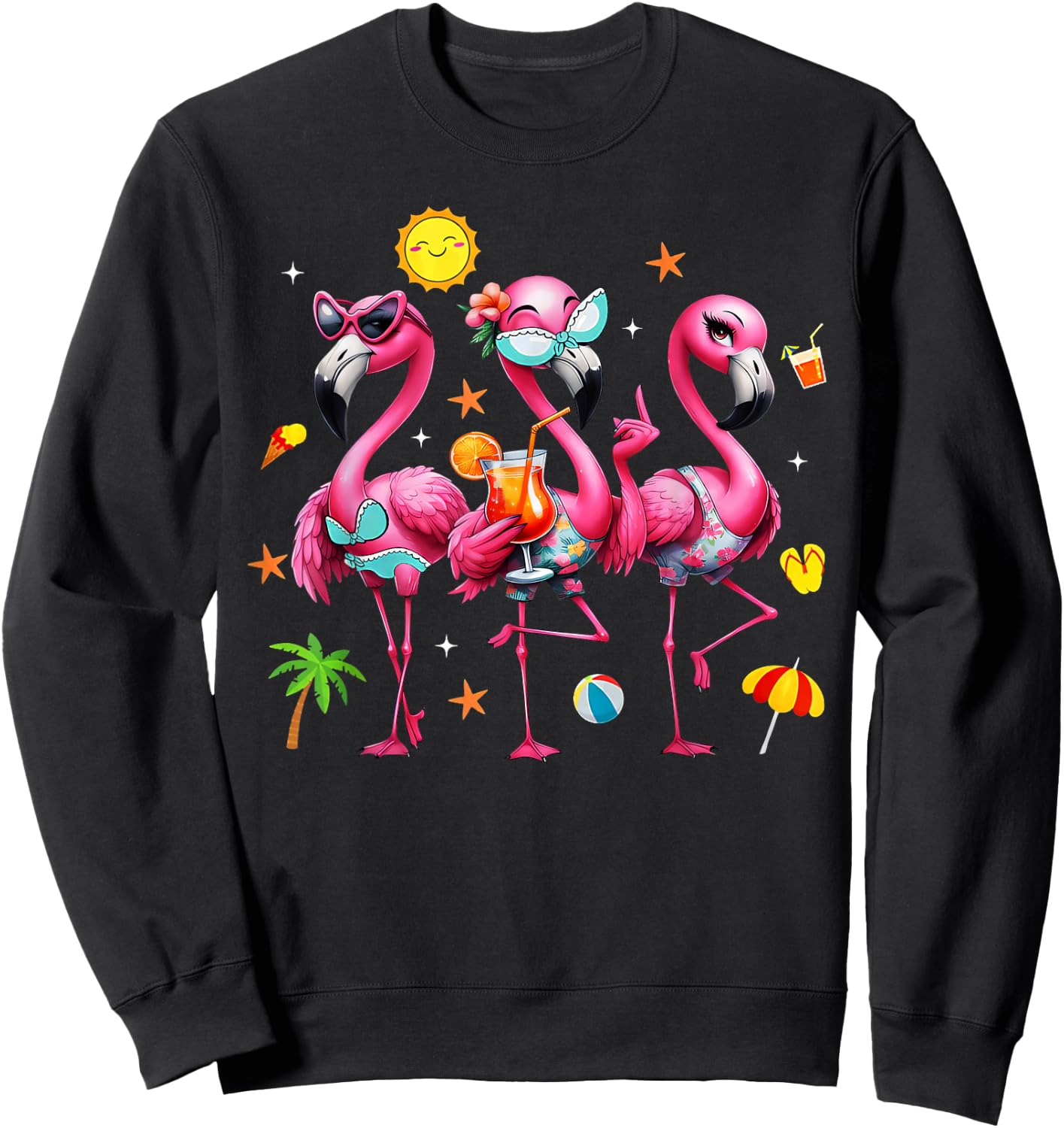 Flamingo Pink Palm Tree Tropical Beach Summer Vacation Women Sweatshirt - Sweatshirt | Black