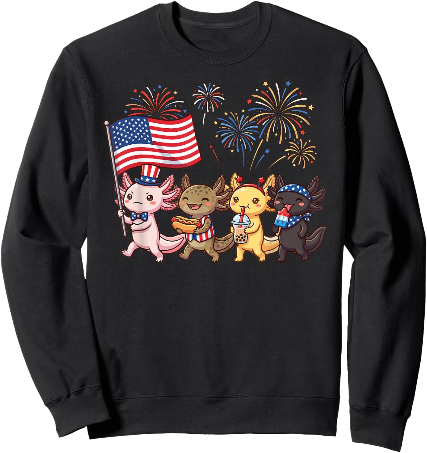 Kawaii Patriotic Axolotls Celebrating 4th of July Fireworks Sweatshirt - Sweatshirt | Black