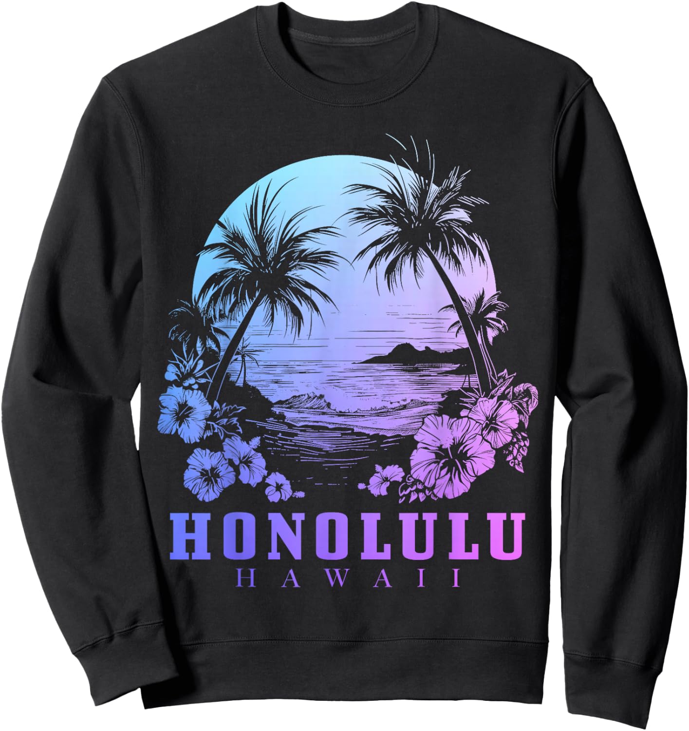Honolulu Hawaii Hawaiian Hibiscus Flowers Surfer Souvenir Sweatshirt - Sweatshirt | Black