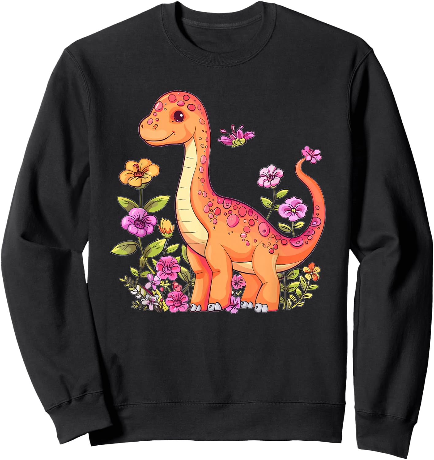 Cute Brachiosaurus With Flowers I Kids Brachiosaurus Sweatshirt - Sweatshirt | Black