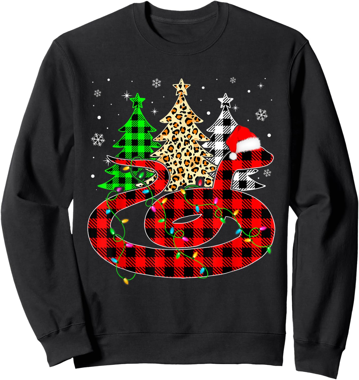 Cute Snake Santa Hat Christmas Tree Lights Xmas Plaid Sweatshirt - Sweatshirt | Black