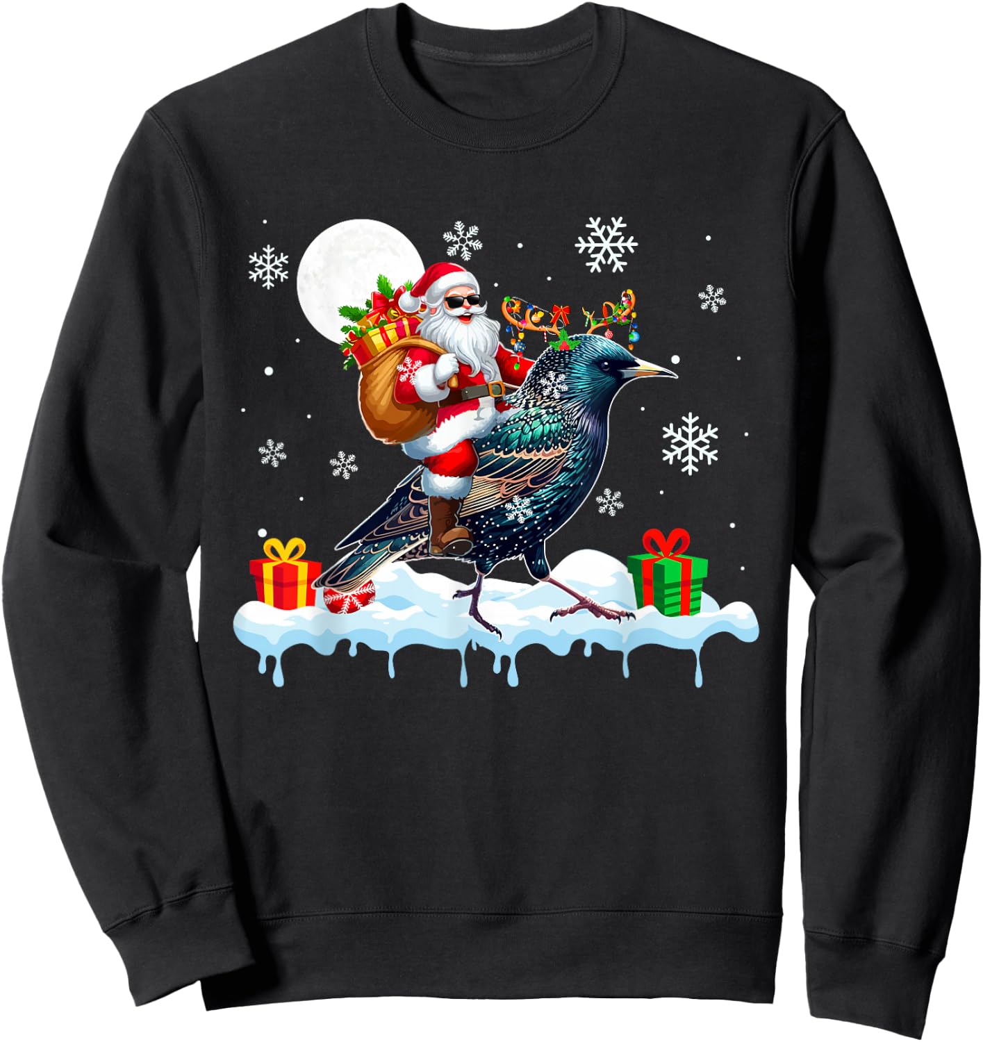Santa Sunglasses Riding Reindeer Starling Bird Enthusiast Sweatshirt - Sweatshirt | Black