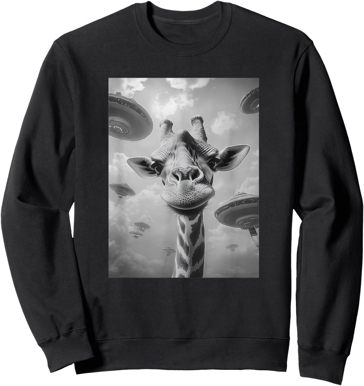 Funny Graphic Giraffe Selfi with UFOs Meme Sweatshirt - Sweatshirt | Black